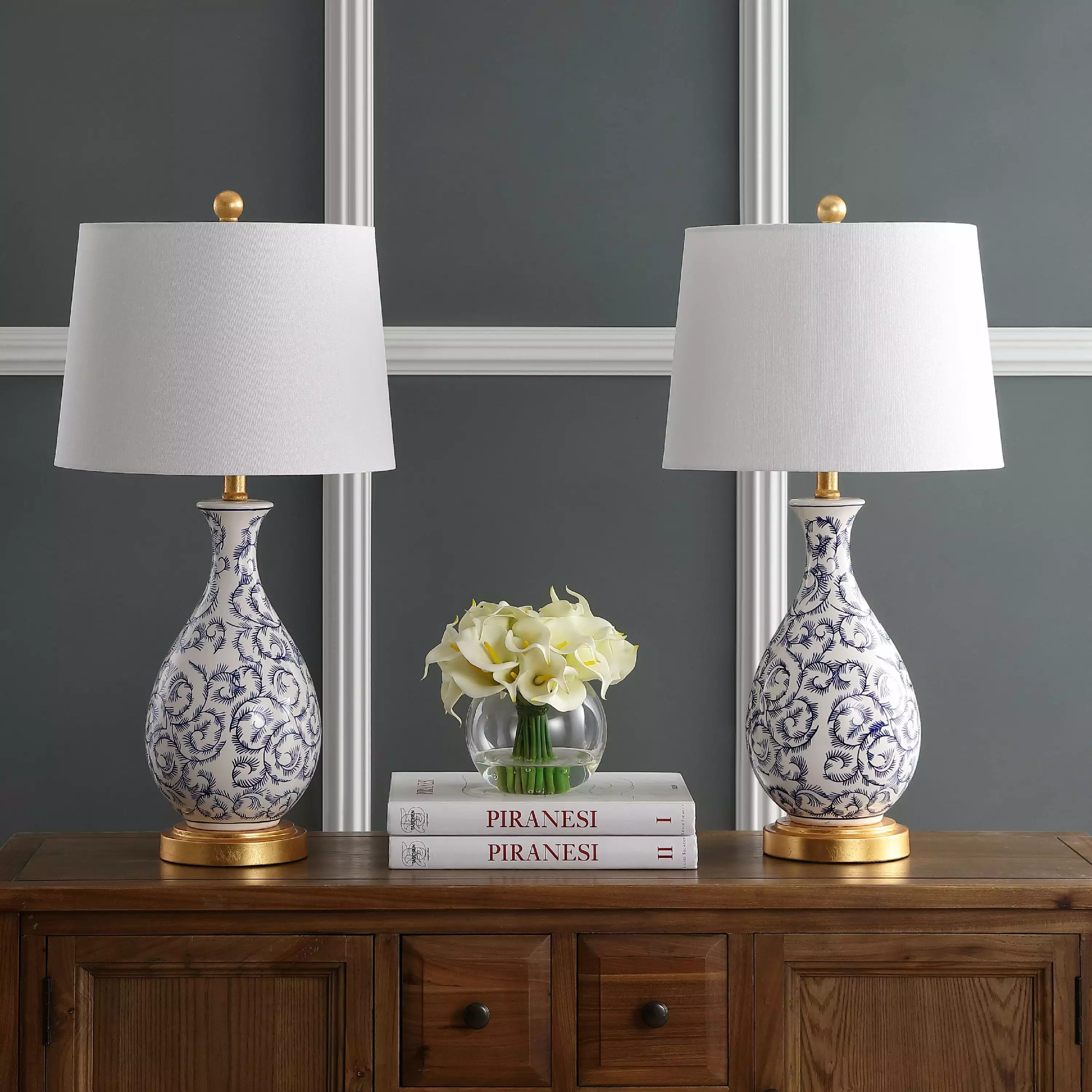 SAFAVIEH Avi Floral Vines 27.5 Inch H Blue White Table Lamp Set 2