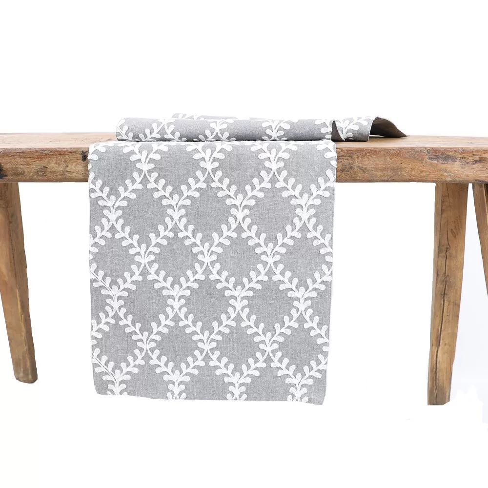 Manor Luxe 15x108 Inch Piluki Leaf Crewel Embroidered Table Runner Gray Elegant Dining Decor