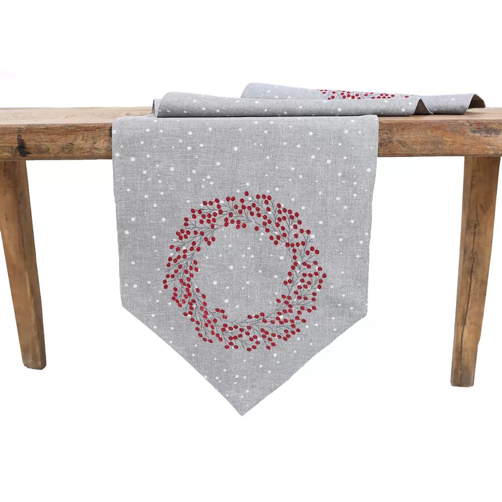 Manor Luxe 16 x 36 Inch Holly Berry Wreath Embroidered Christmas Table Runner Gray