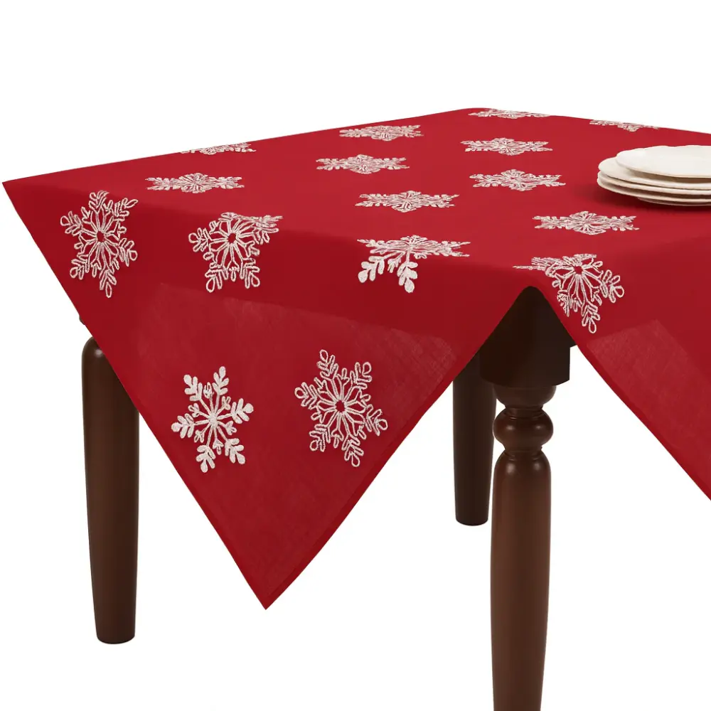 Embroidered White Snowflake Ruby 60" Square Tablecloth