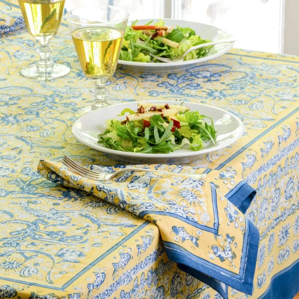 Linen Blend La Mer Blue/Yellow Tablecloths - Round