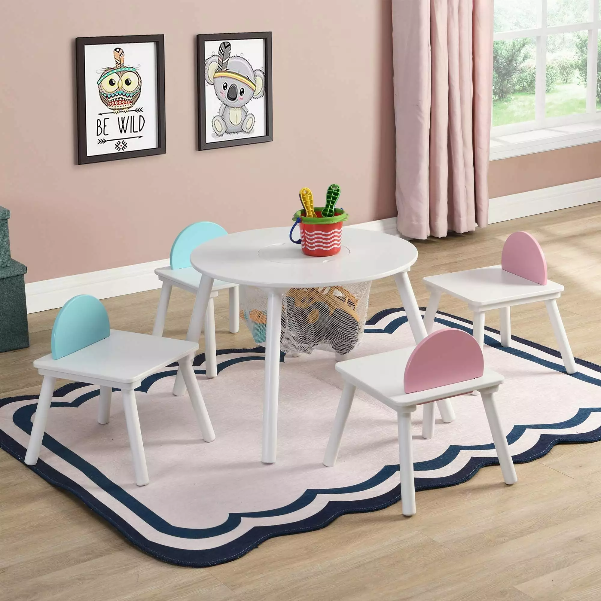 CASEMIOL Kids Table and Chairs Set Round Storage Table Boys Girls Ages 3-5 - 5 Piece White Playroom Set