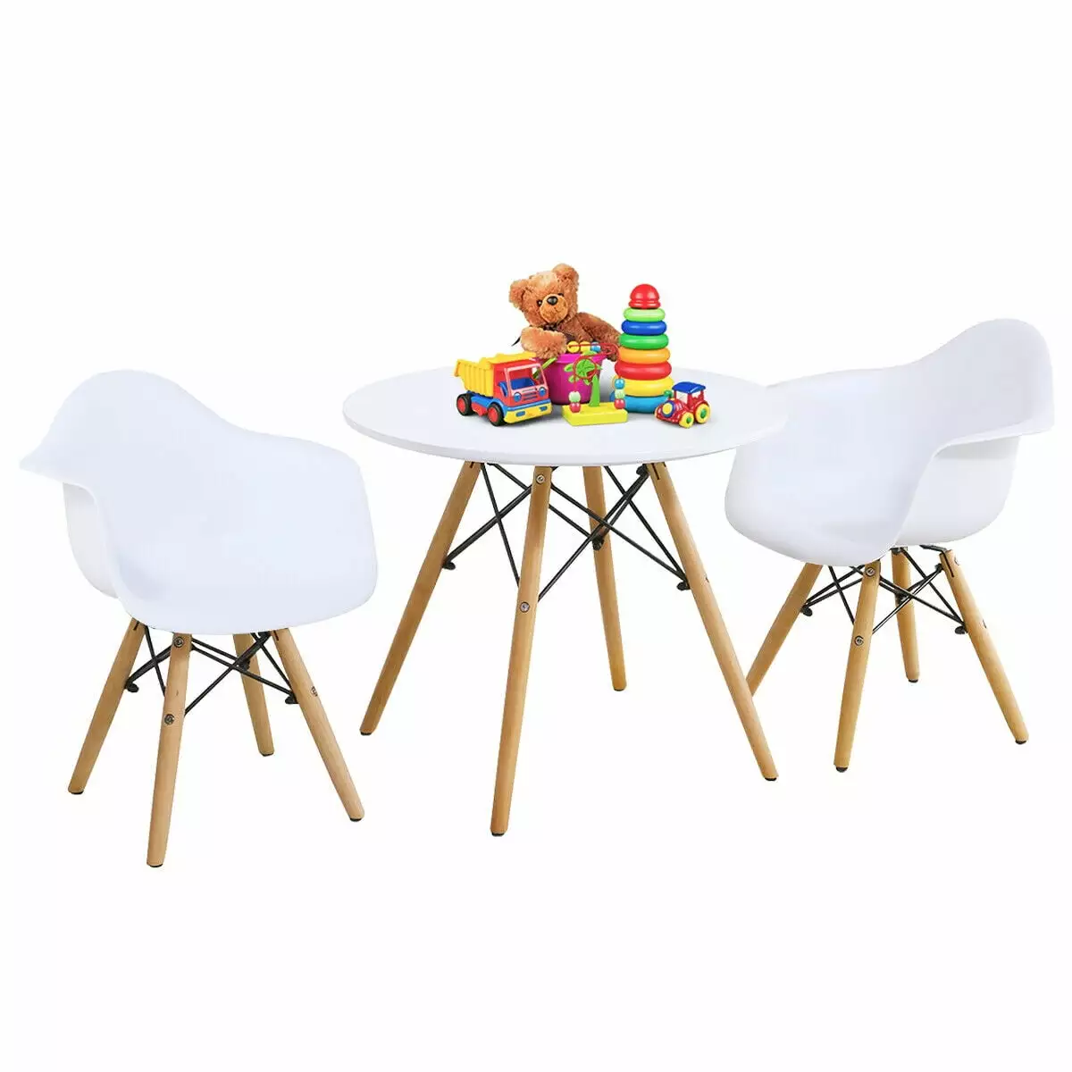 Gymax 3 Piece Kids Round Table Chair Set 2 Arm Chairs White