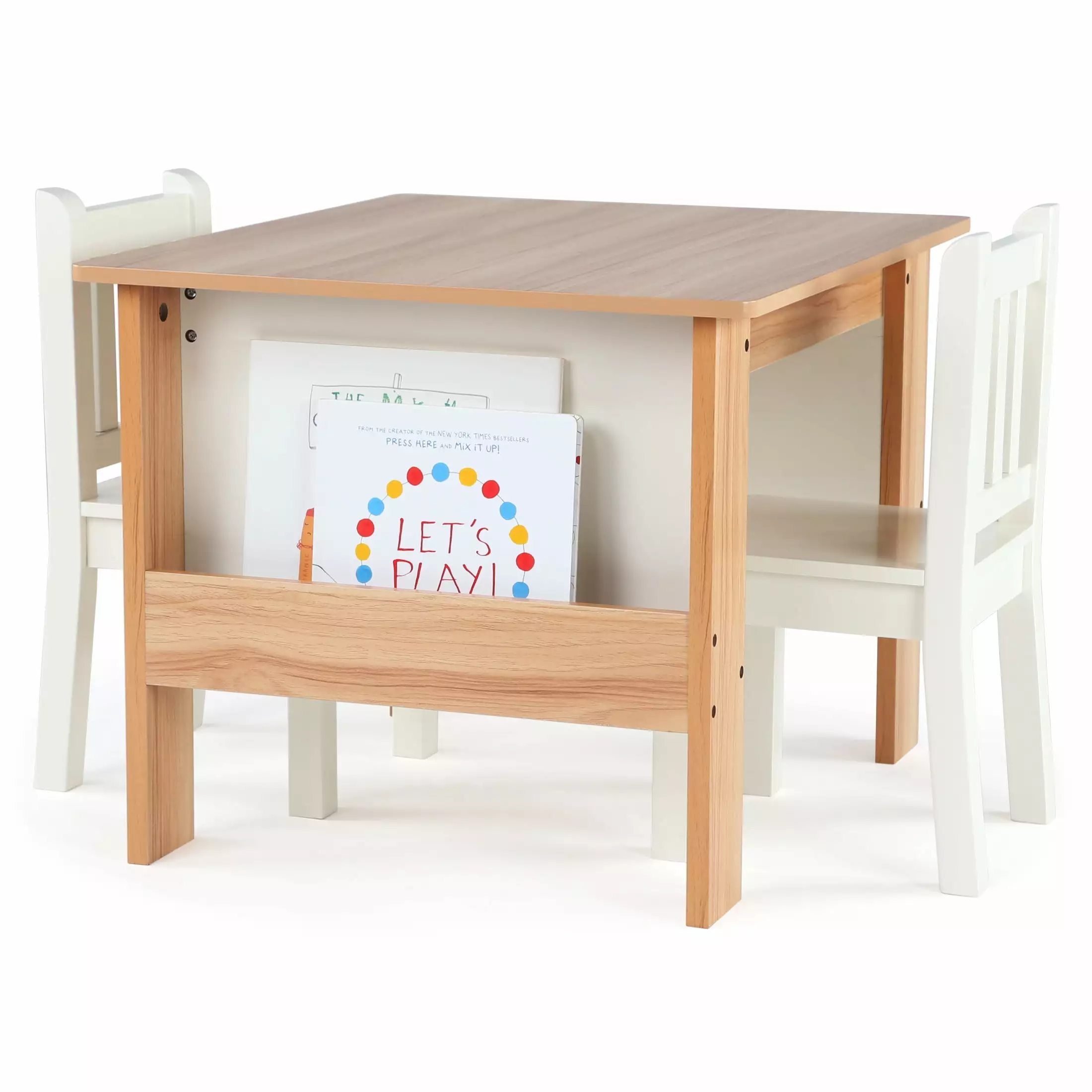 Humble Crew Journey Toddler Wood Table and 2 Chairs Set Book Storage Natural White