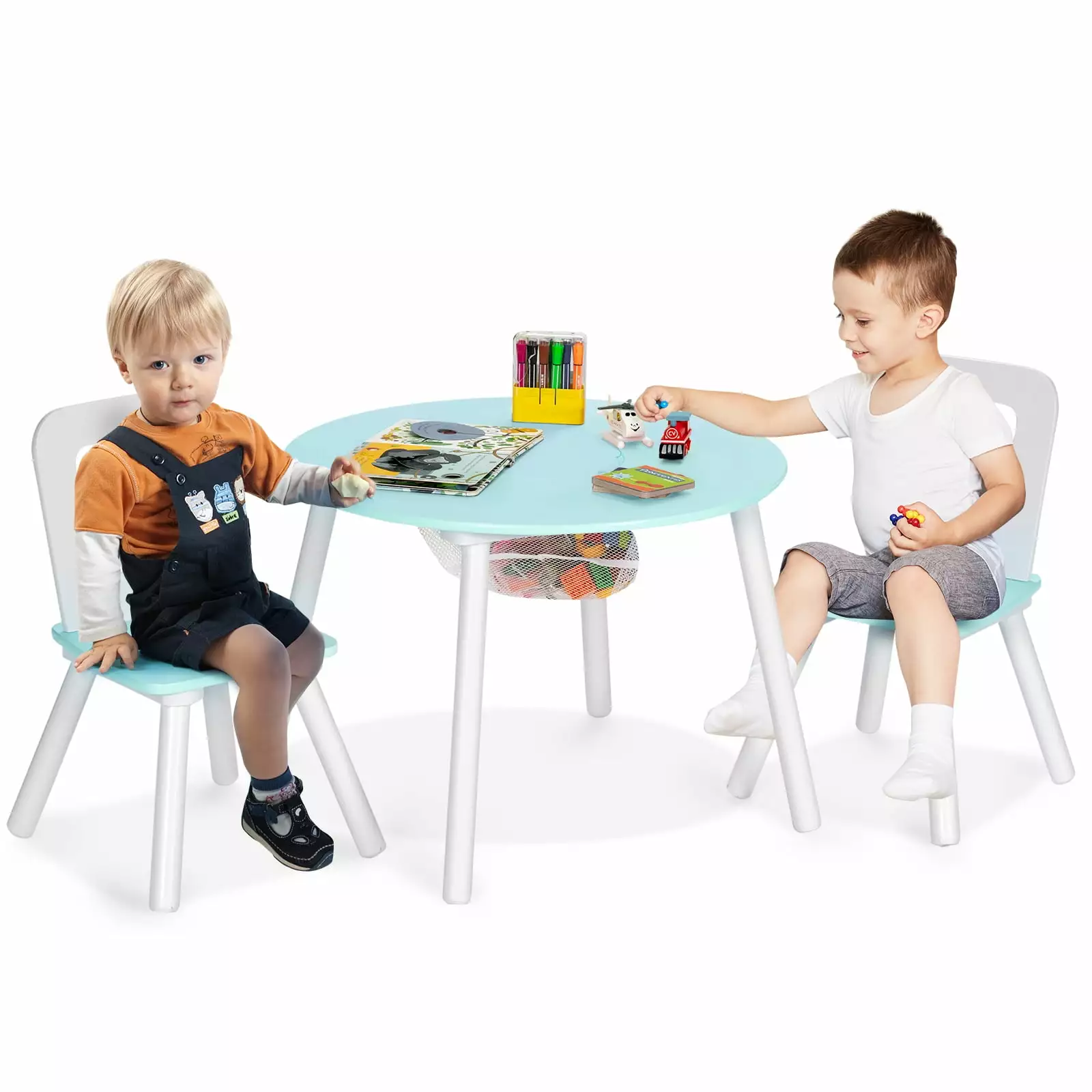 Infans Kids Wooden Round Table and 2 Chair Set Center Mesh Storage Green