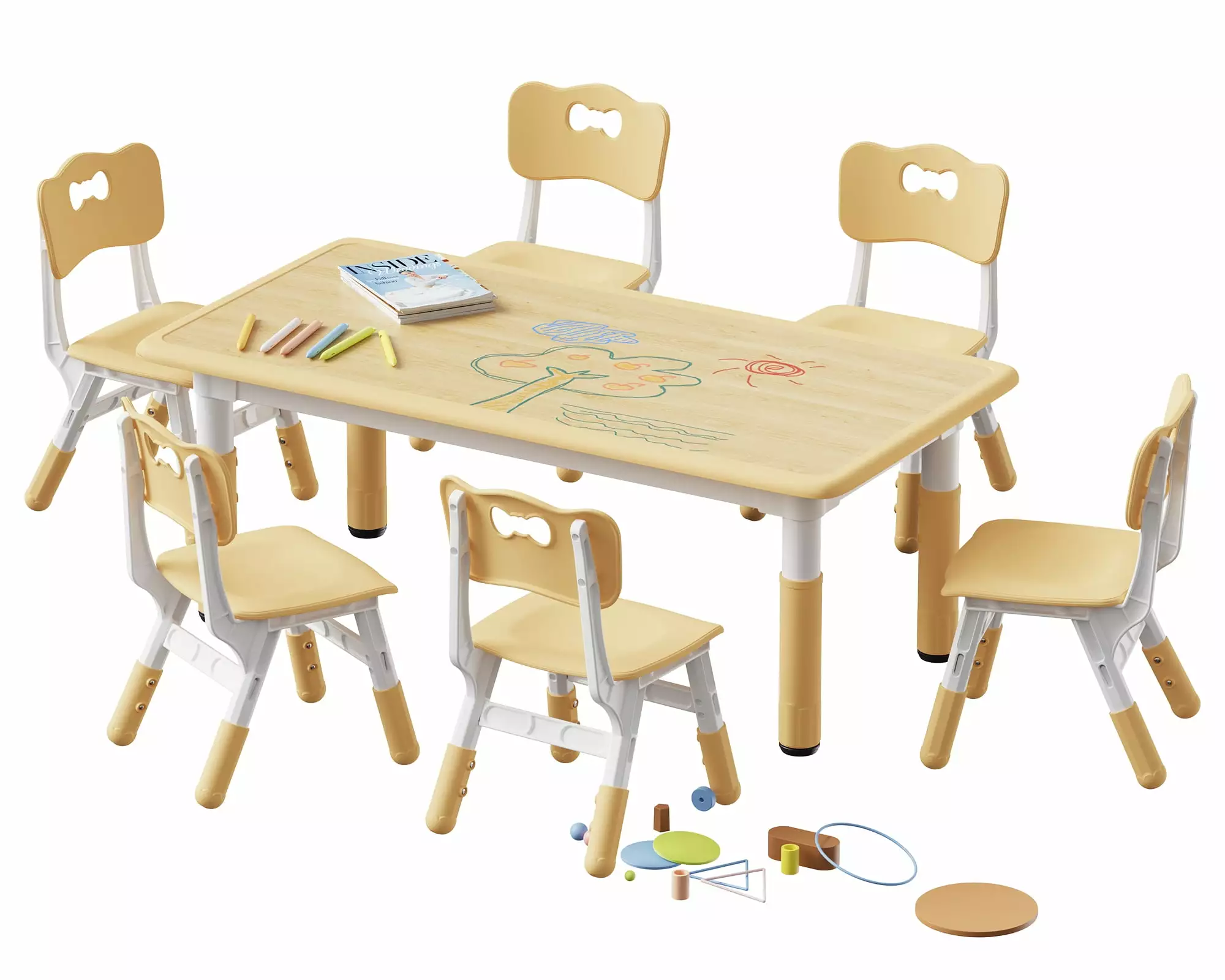 MAVINEX Kids Table and 6 Chairs Set Height Adjustable Beige Wood Finish