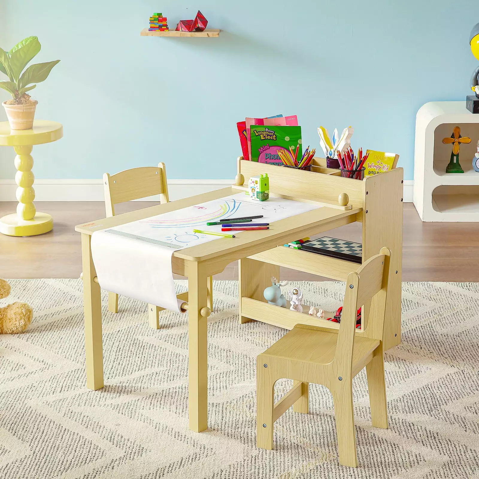 SKYSHALO 2--1 Kids Art Table and 2 Chairs Cabinet Paper Roll Storage