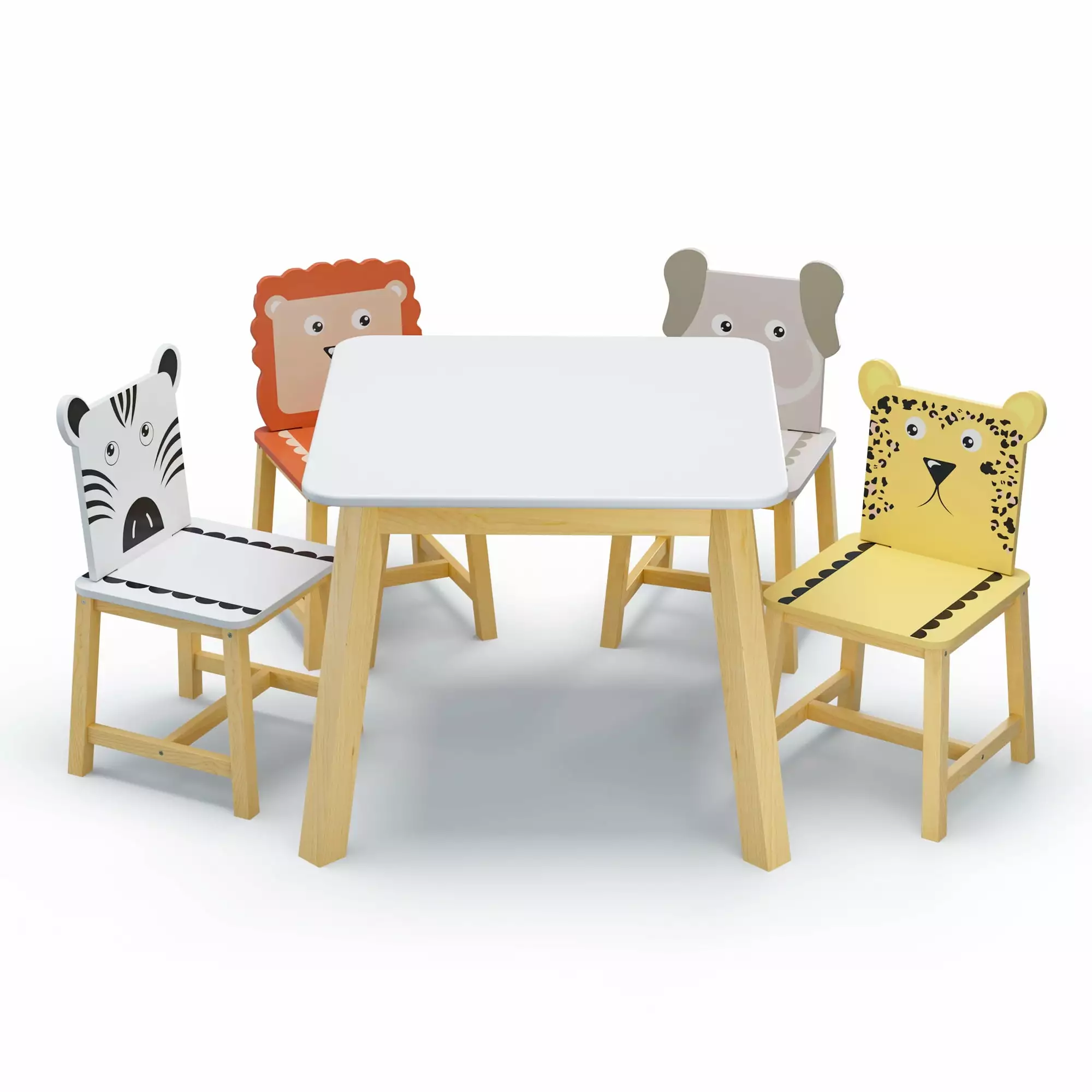 5 Piece Kids Table and Chair Set Kids Wood Table 4 Chairs Set Cartoon Animals Toddler Table and Chair Set Children's Furni...