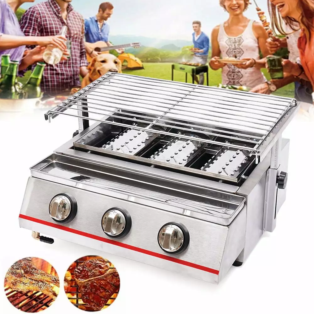YIYIBYUS Travel-friendly 3-Burner Outdoor BBQ Infrared Gas Grill Smokeless LPG Grill Camping Picnic
