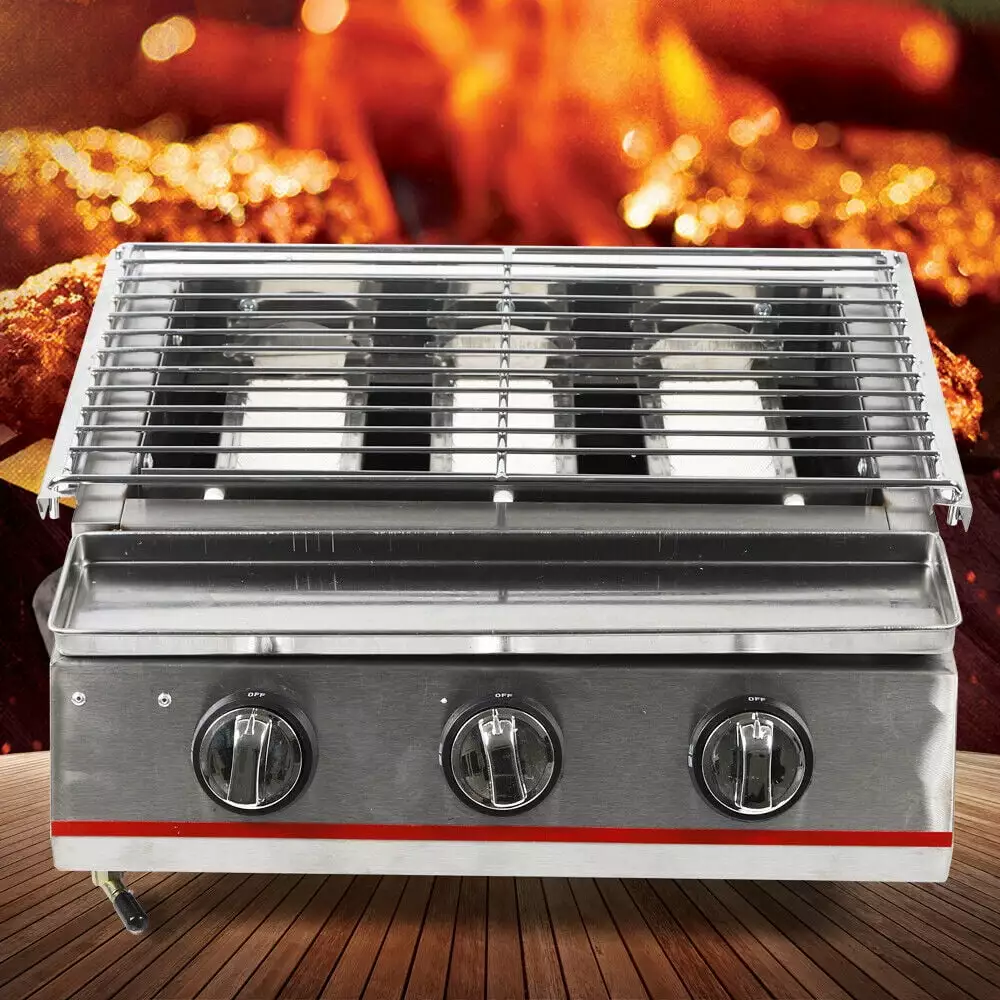 ZhdnBhnos 3 Burner Stainless Steel Tabletop Gas BBQ Grill Outdoor Camping Picnic Smokeless Griddle