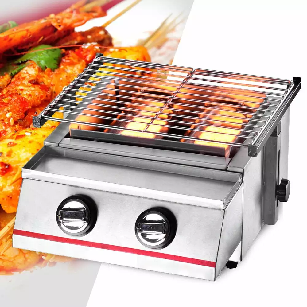 ZhdnBhnos 2 Burners Travel-friendly LPG Gas BBQ Grill Tabletop Smokeless Outdoor Cooker