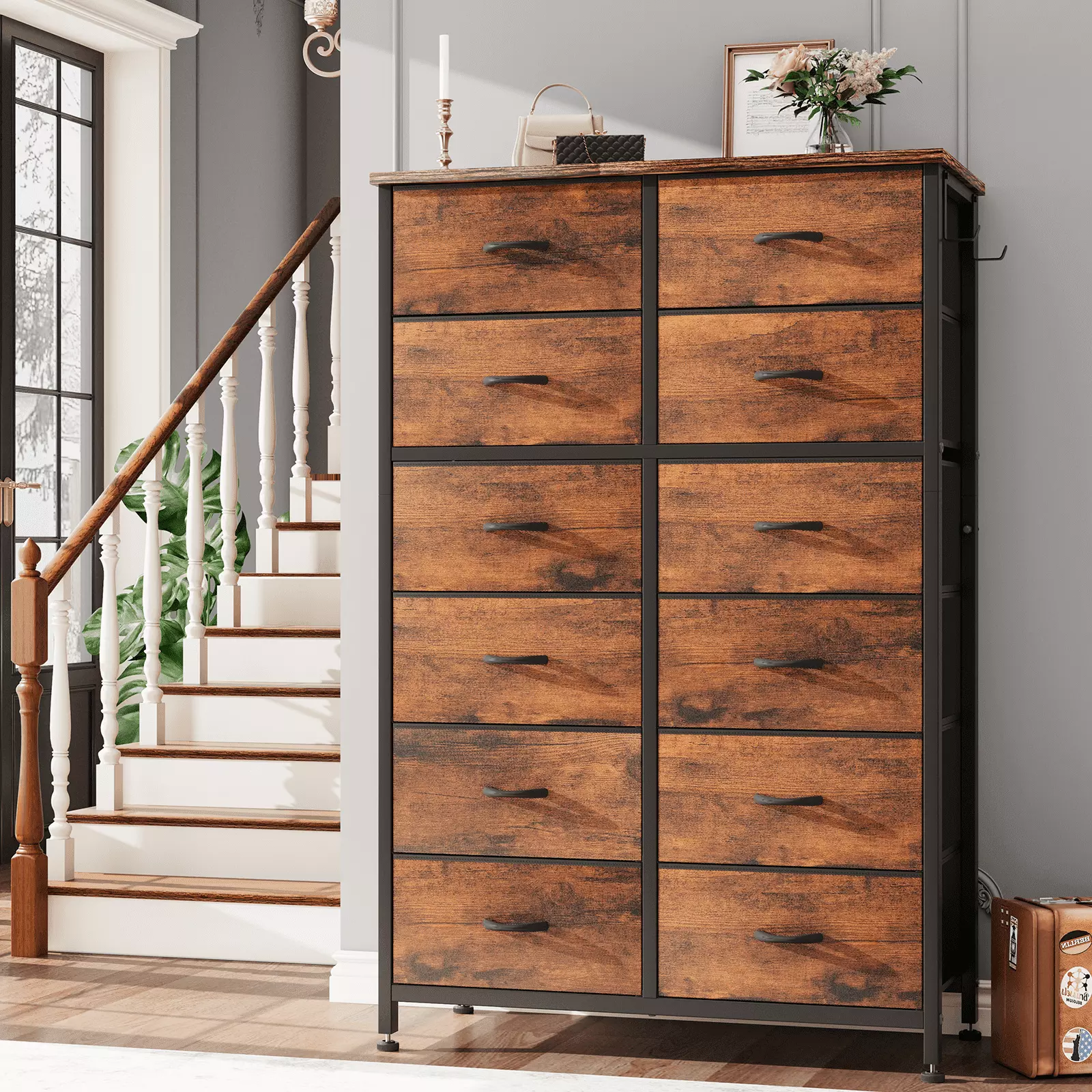 GIKPAL 12 Drawer Tall Dresser Bedroom Steel Frame and Wooden Top Brown