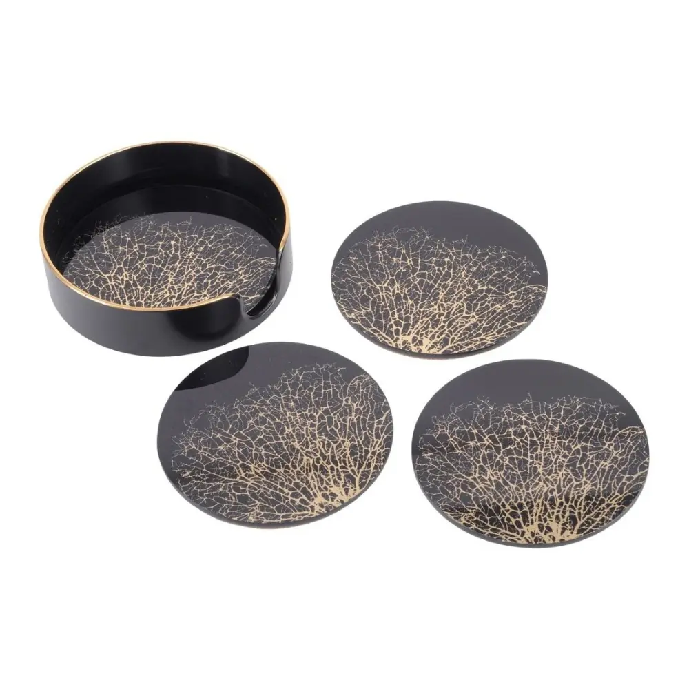Coral Design Coasters Set 4 - Black & Gold