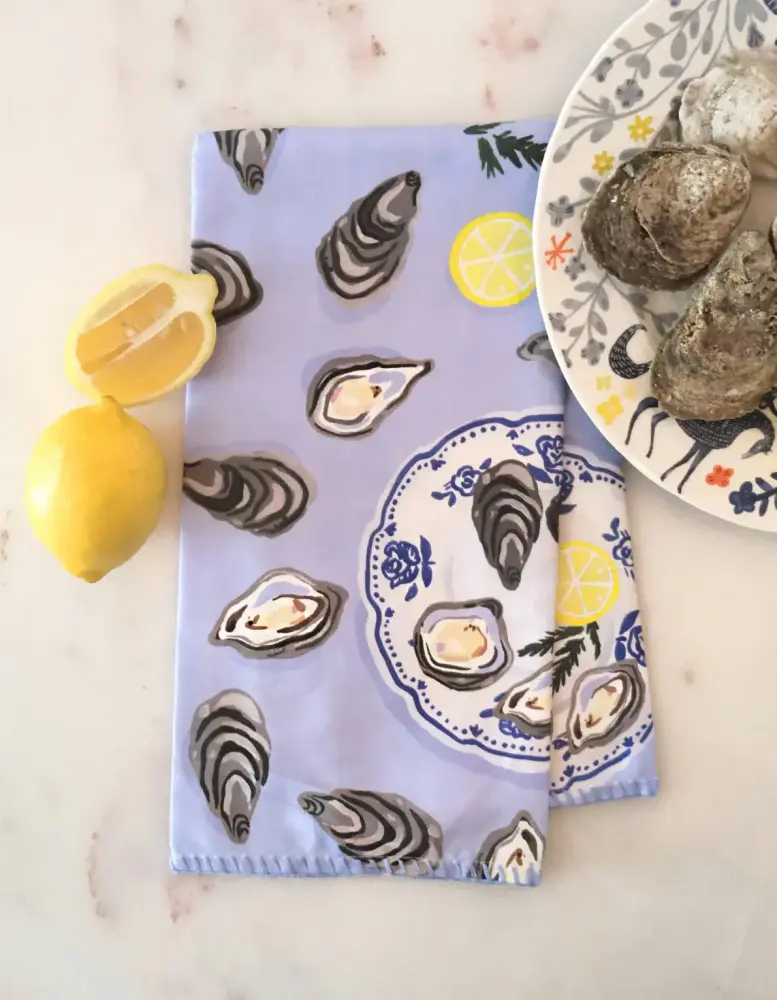 Oysters Cotton Tea Towel Embroidered Detail Artisan Series