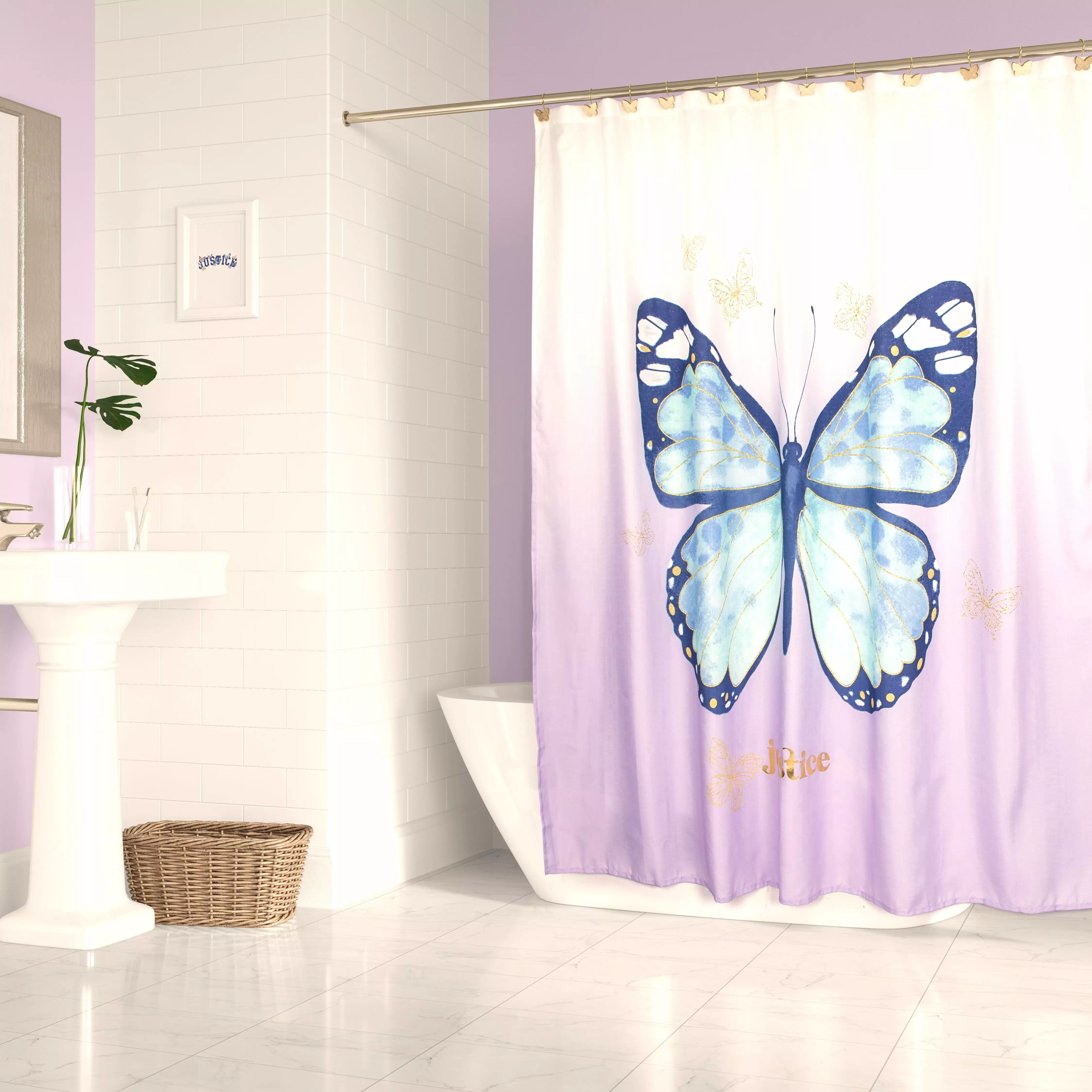Justice Purple Butterfly Ombre Polyester Shower Curtain and Hooks Set Microfiber