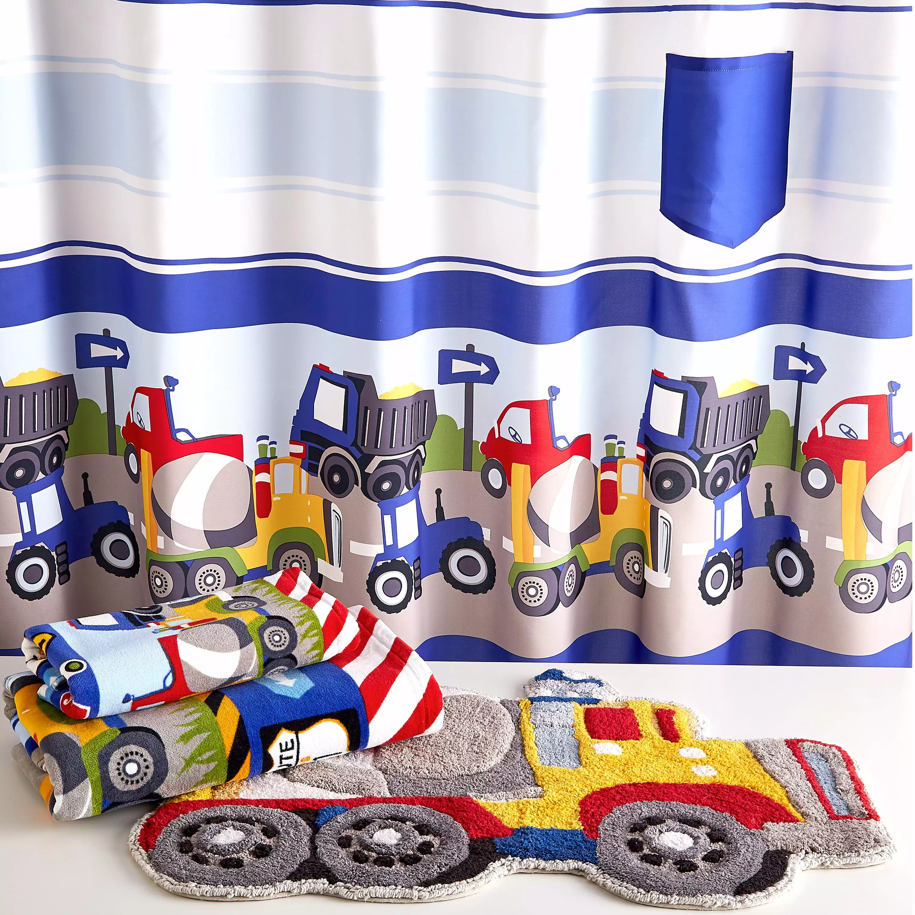Dream Factory Trains and Trucks Bathroom Linen Set Grey Cotton Polyester Kids