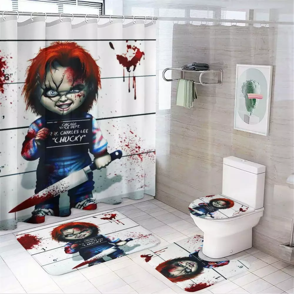 4PCS Bride Chucky Shower Curtain Sets Bathroom Sets Mats Toilet Lid Rug Kbozyqu