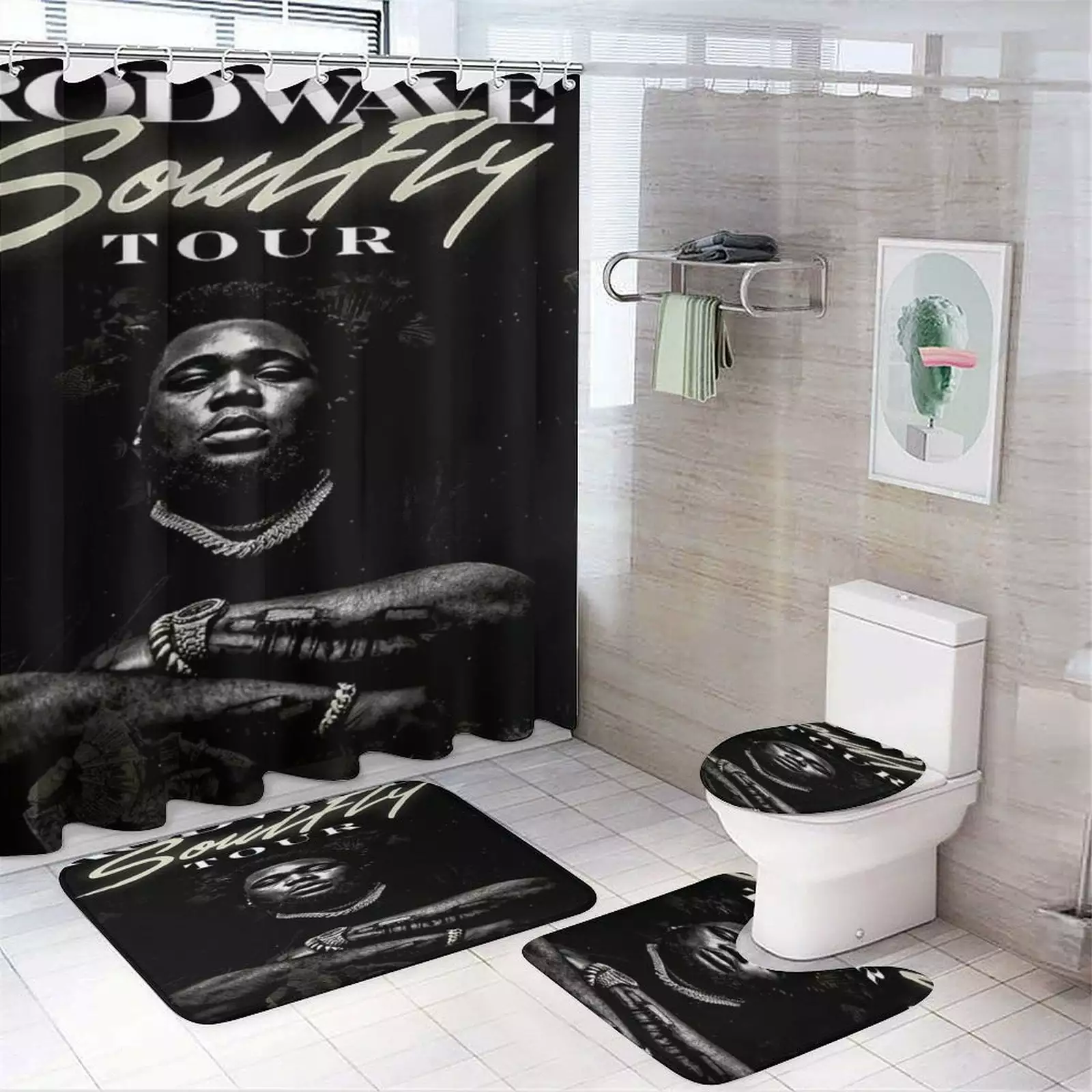 4PCS Rod Wave Shower Curtain Sets Bathroom Sets Mats Toilet Lid Rug Kbozyqu