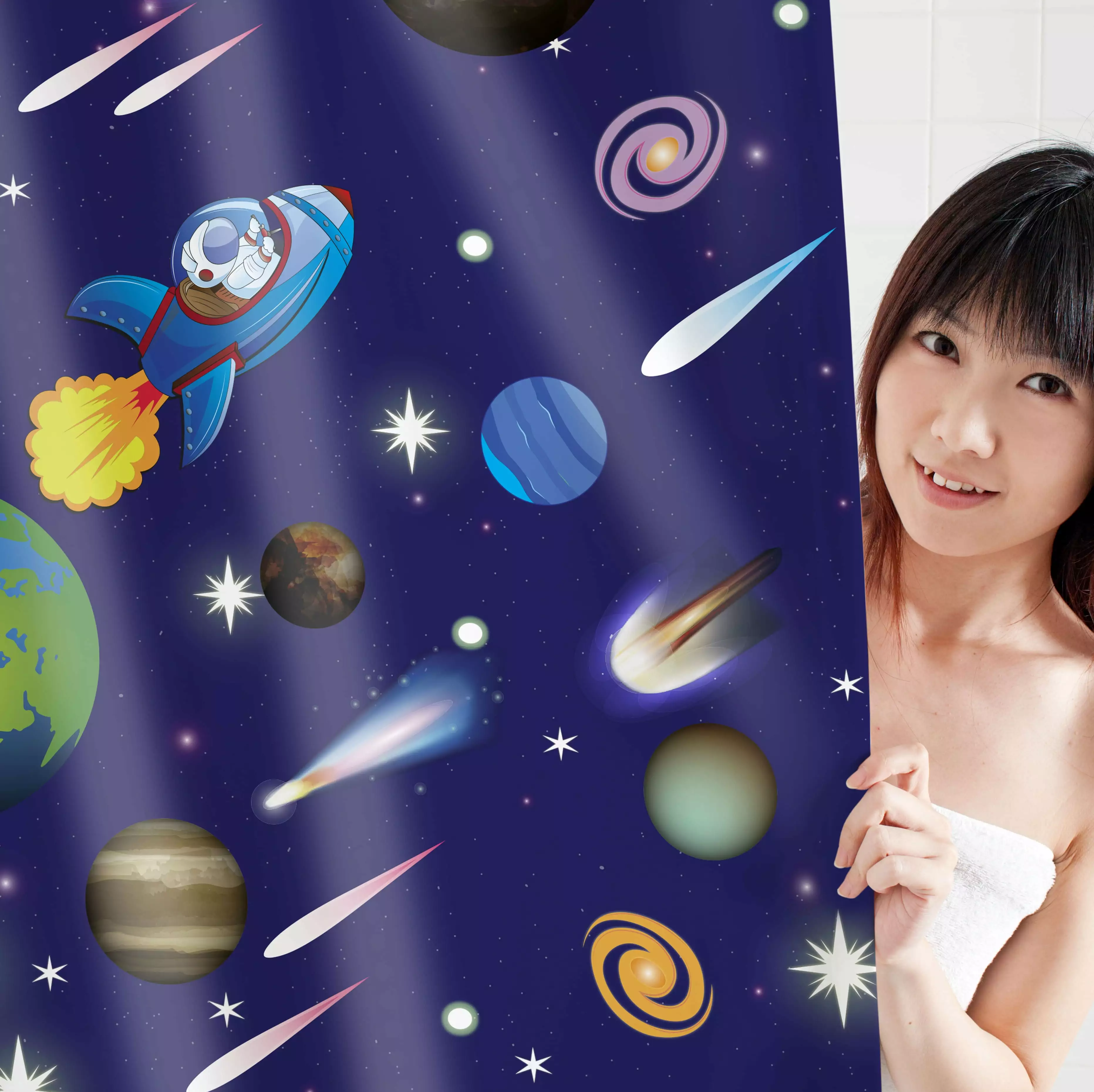 Waterproof Dirt Resistant Shower Curtain Space Astronauts Theme Bathroom Decor Khelo