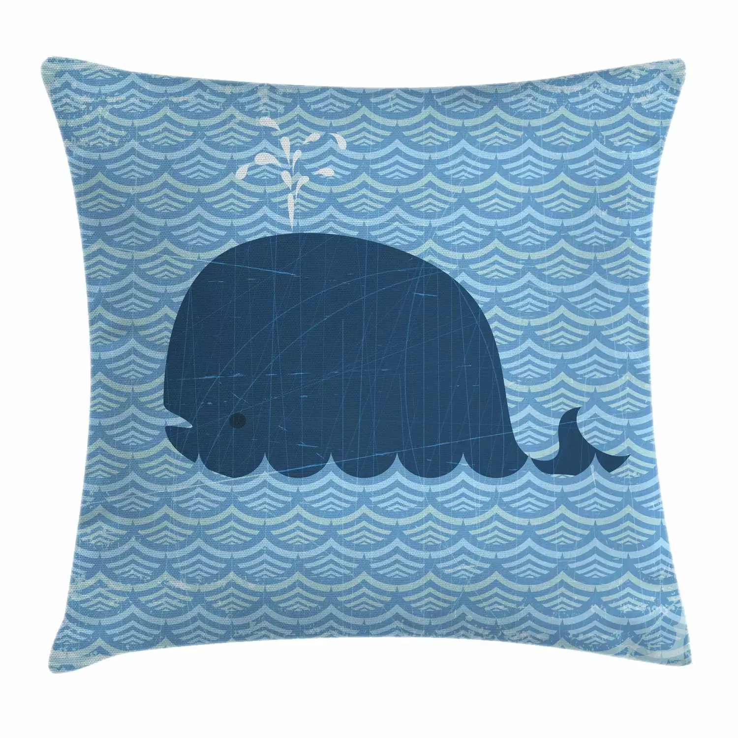 Whale Decor Throw Pillow Cover - 20x20 Blue Art Deco Wavy Pattern Kids Room Cushion Ambesonne