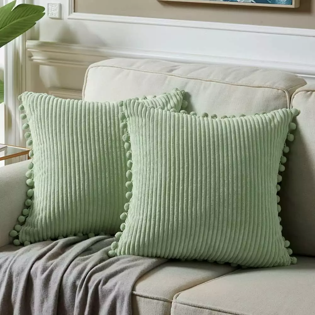 Pack 2 Sage Green Corduroy Throw Pillow Covers Pom-poms 18x18 Inch Couch Sofa Bedroom MANCHE