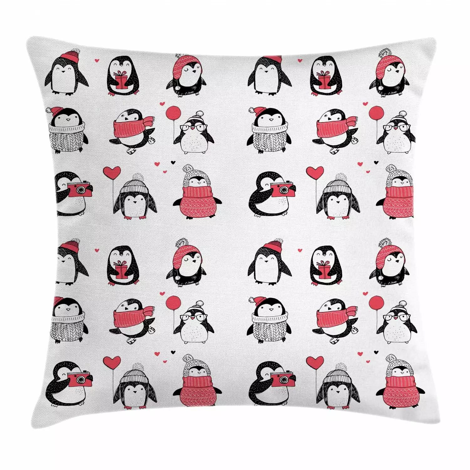Winter Throw Pillow Cushion Cover Cute Penguins Hand Drawn Merry Christmas Greetings Ambesonne