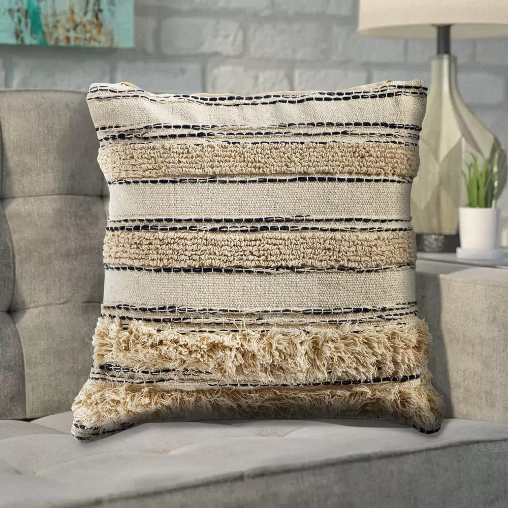 LR Resources Zanthia Cream Gray Gold Striped Hypoallergenic Polyester 20x20 Inch Throw Pillow