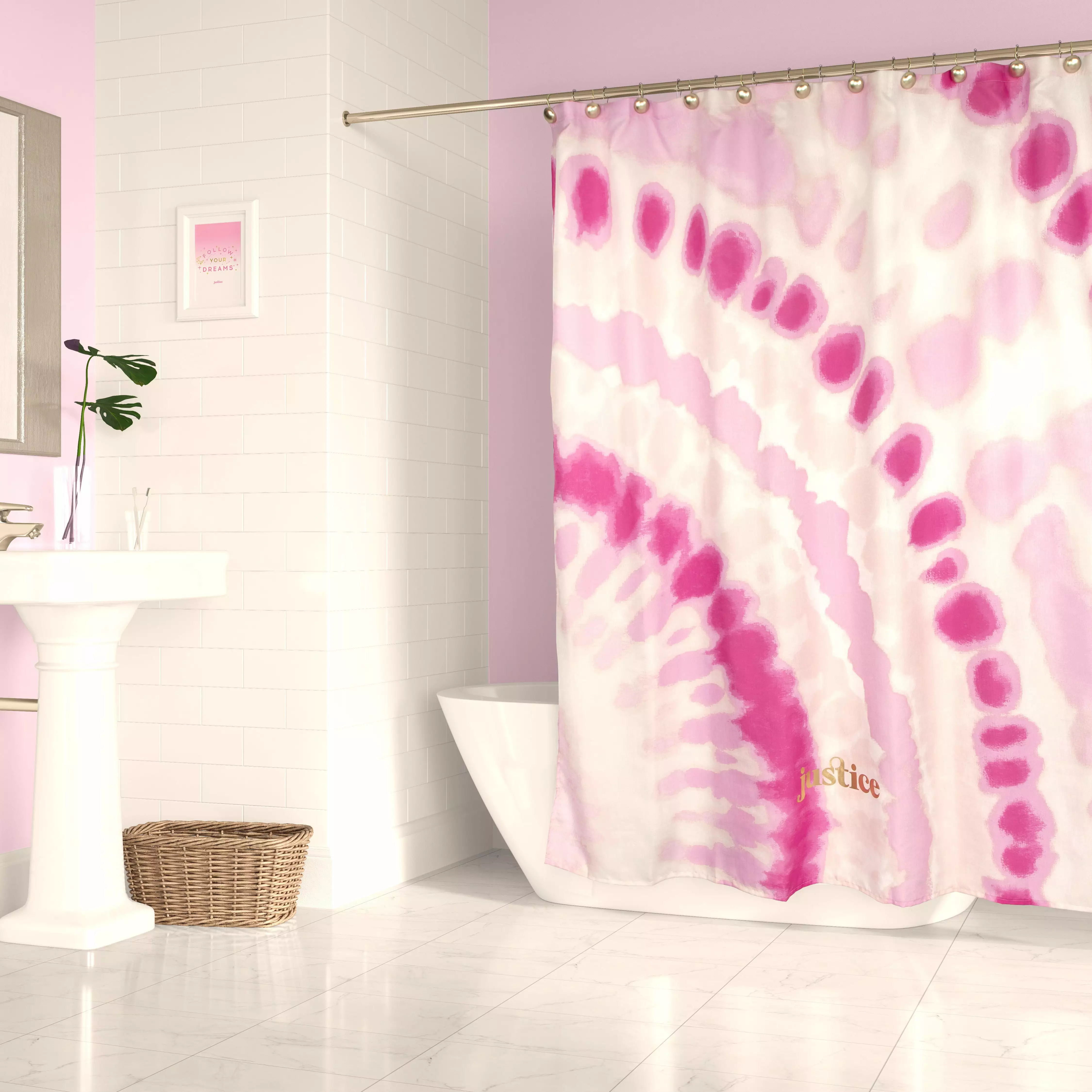 Justice Pink Tie Dye Shower Curtain and Hooks Set Microfiber Bathroom Decor