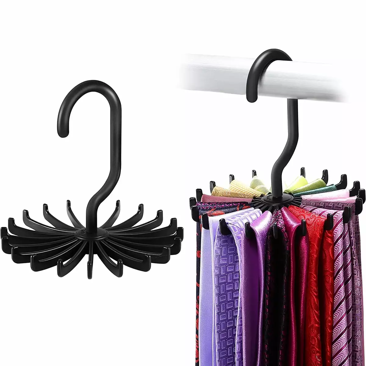 2pk Closet Complete Black Hook Twirling Hanging Tie Rack Belt Arranger Holds 40 Ties Easy Storage