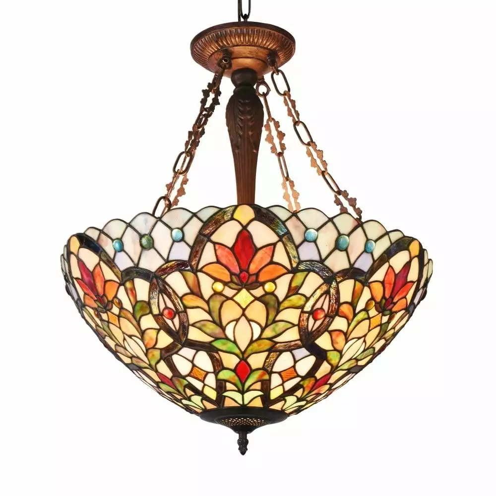 CHLOE Lighting IVANA Tiffany Style 3 Light Floral Inverted Ceiling Pendant 21 Inch Shade