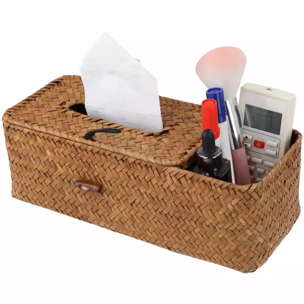 Handwoven Reed Grass Tissue Box Cover Decorative Square Tissue Storage Box Home Office Bottlepic