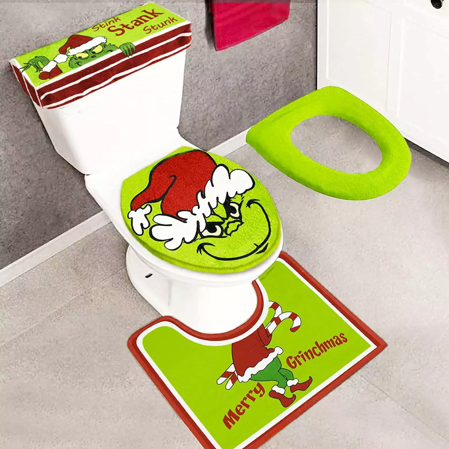 Christmas Decoration Grinch Bathroom Toilet Seat Cover Pads Soft Warm Tank Cover and Rug 4Pcs Set BILLCOS