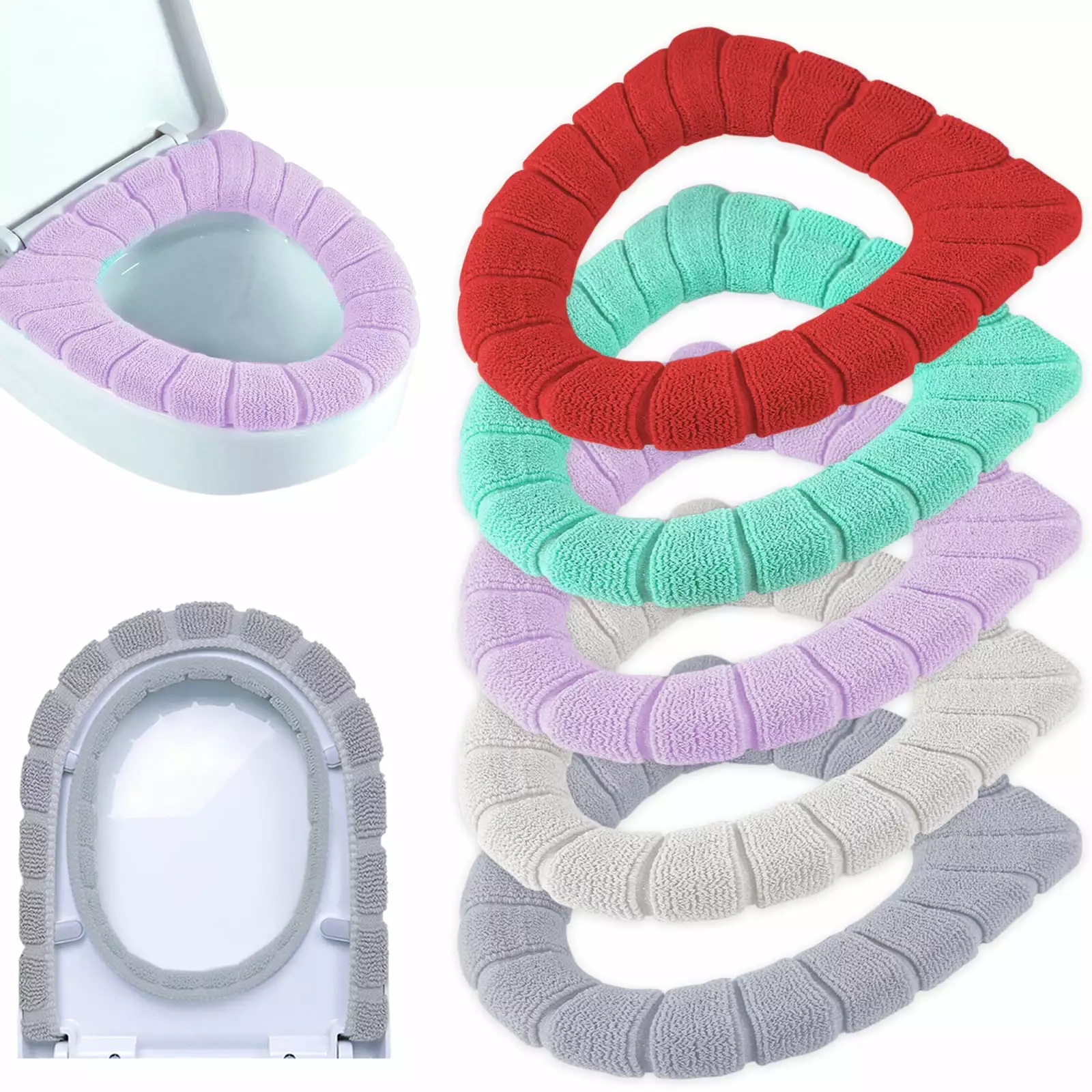 ZeeDix 5 Pcs Thicker Bathroom Soft Toilet Seat Cover Pad Warmer Stretchable Fibers Easy Setup Cushioned Lid Covers 5 Colors