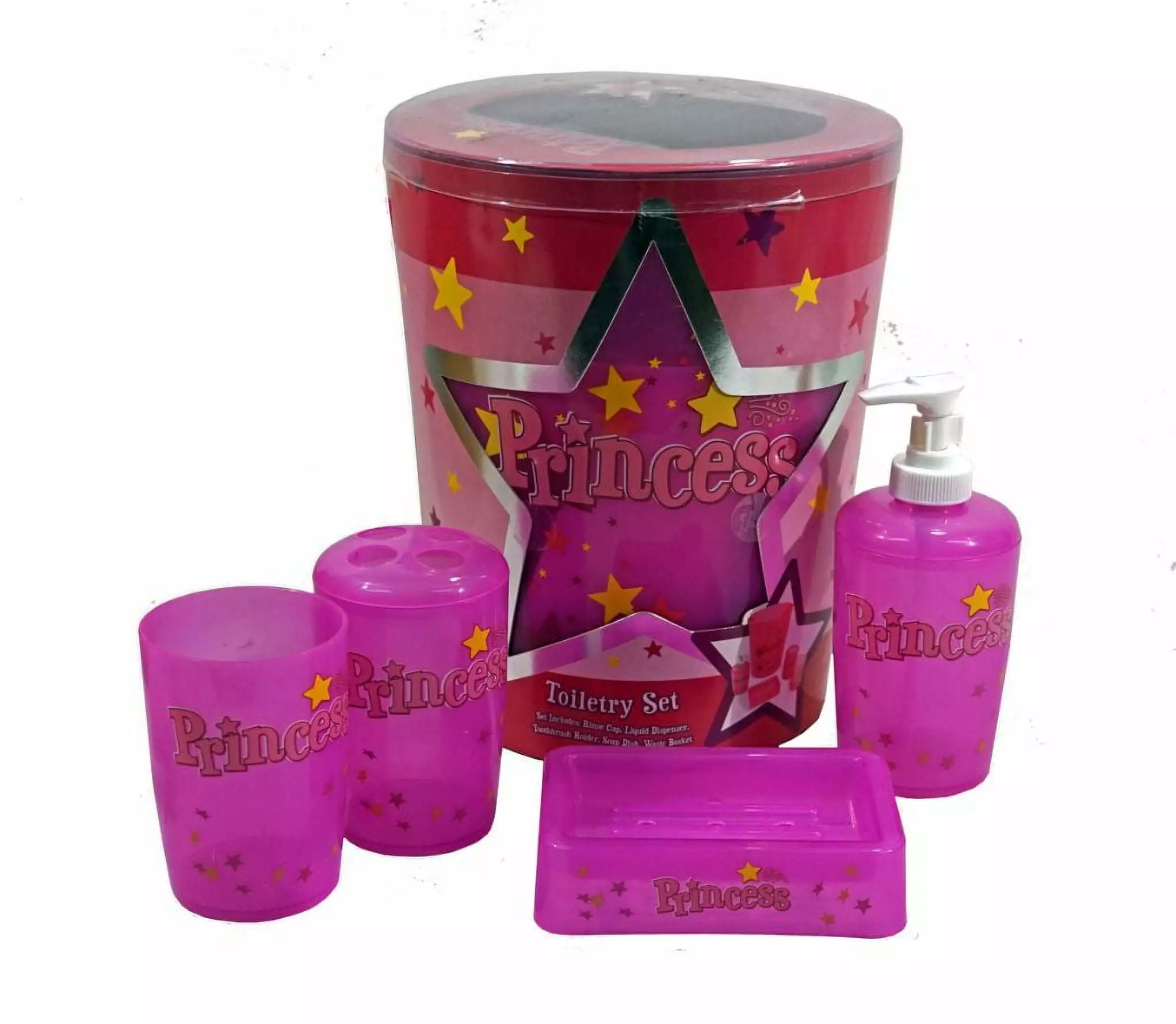 Princess Toiletry Set Rinse Cup Liquid Dispenser Toothbrush Holder Soap Dish Waste Bin Light Pink Almar