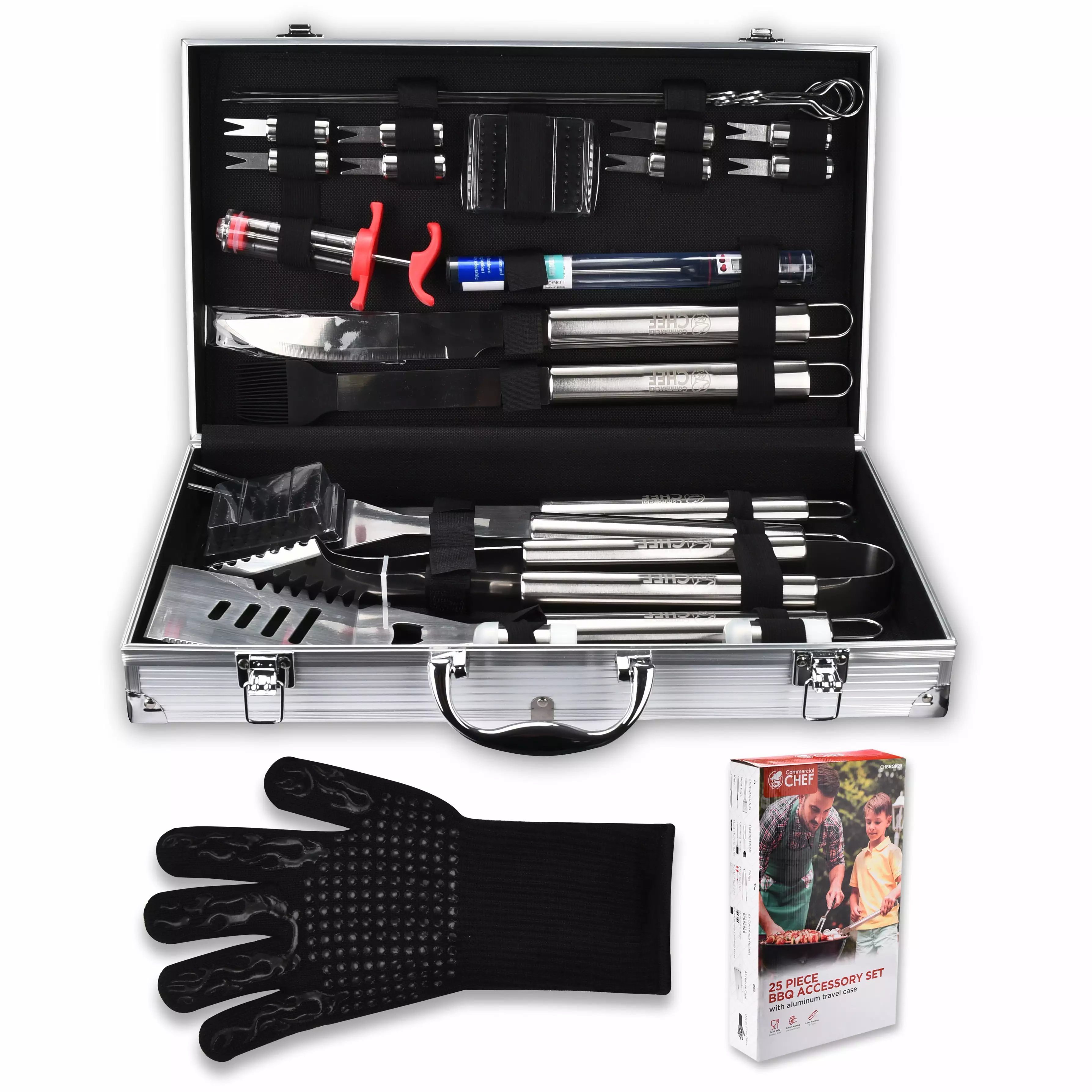 Commercial Chef 25-Piece Stainless Steel BBQ Grill Accessories Set Hard Case