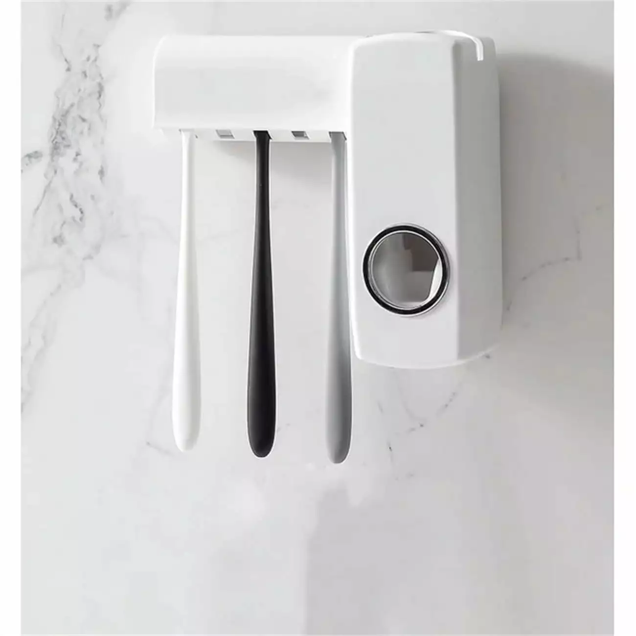Casewin Automatic Toothpaste Dispenser Wall Mount Toothbrush Holder Set Hands Free White