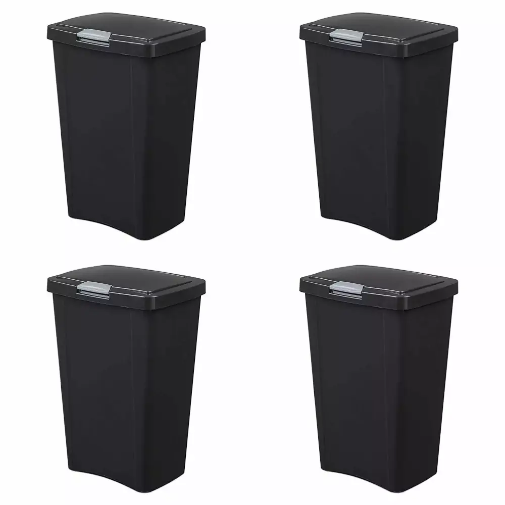 Sterilite 13 Gallon TouchTop Wastebin Titanium Latch Black 4 Pack Kitchen Trash Can