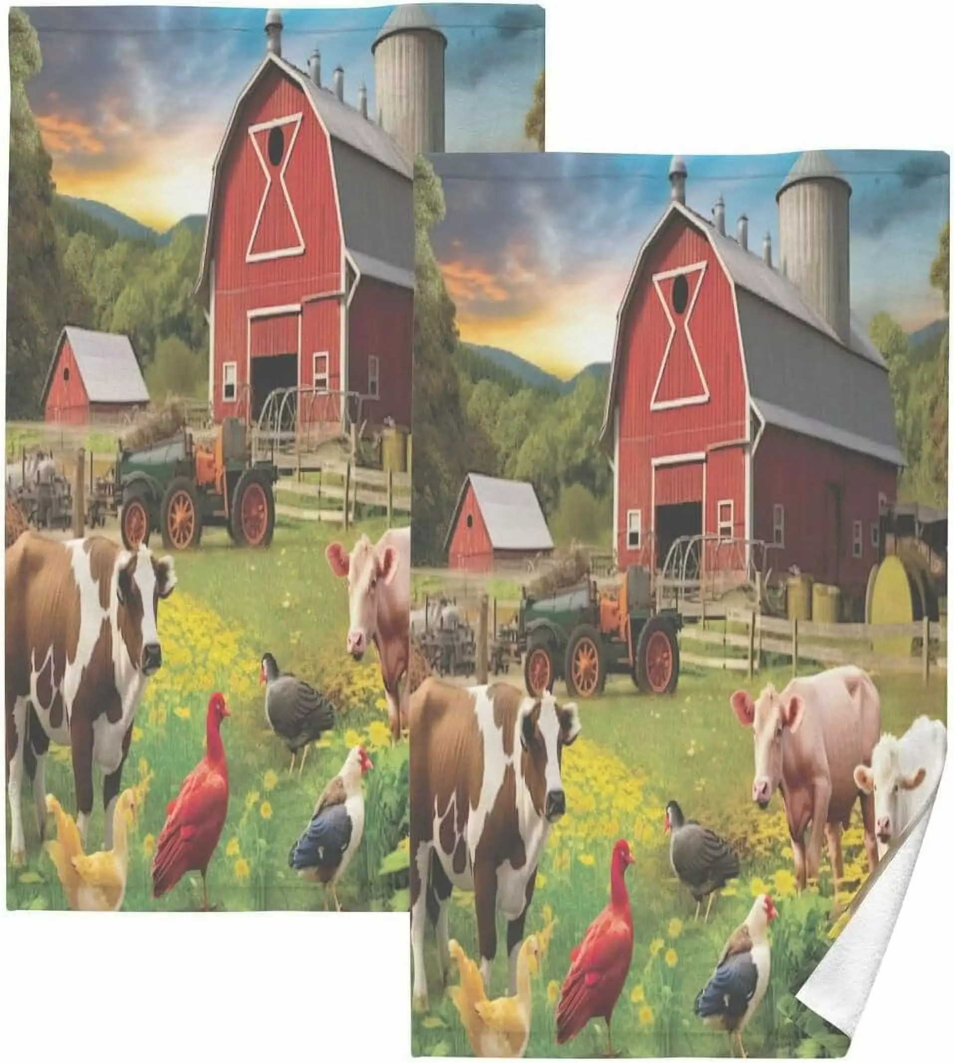 Coolnut Farm Animals Cotton Towel Set 2PC Quick Drying Bath Hand Towels Kitchen Bathroom