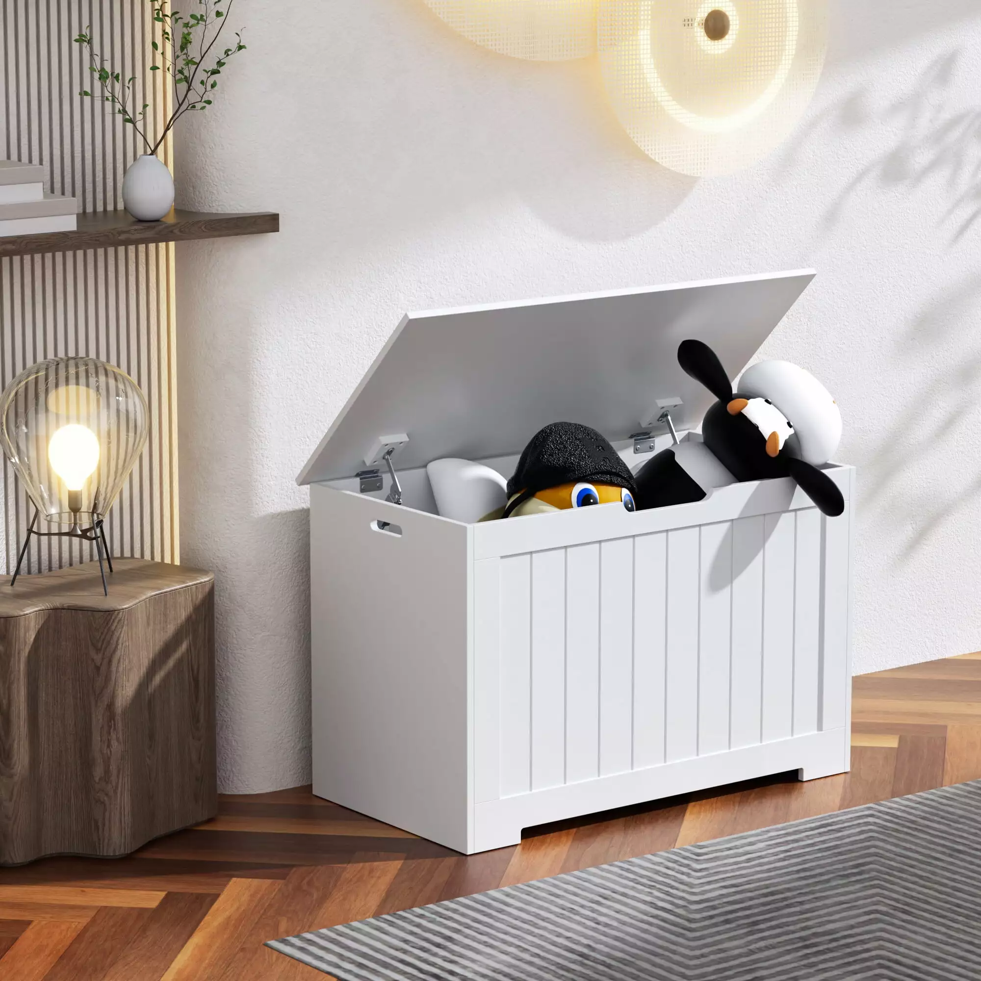 HomGarden 30Inch MDF Child Toy Chest 150L Storage Box Cabinet Protectty Hinged Lid White