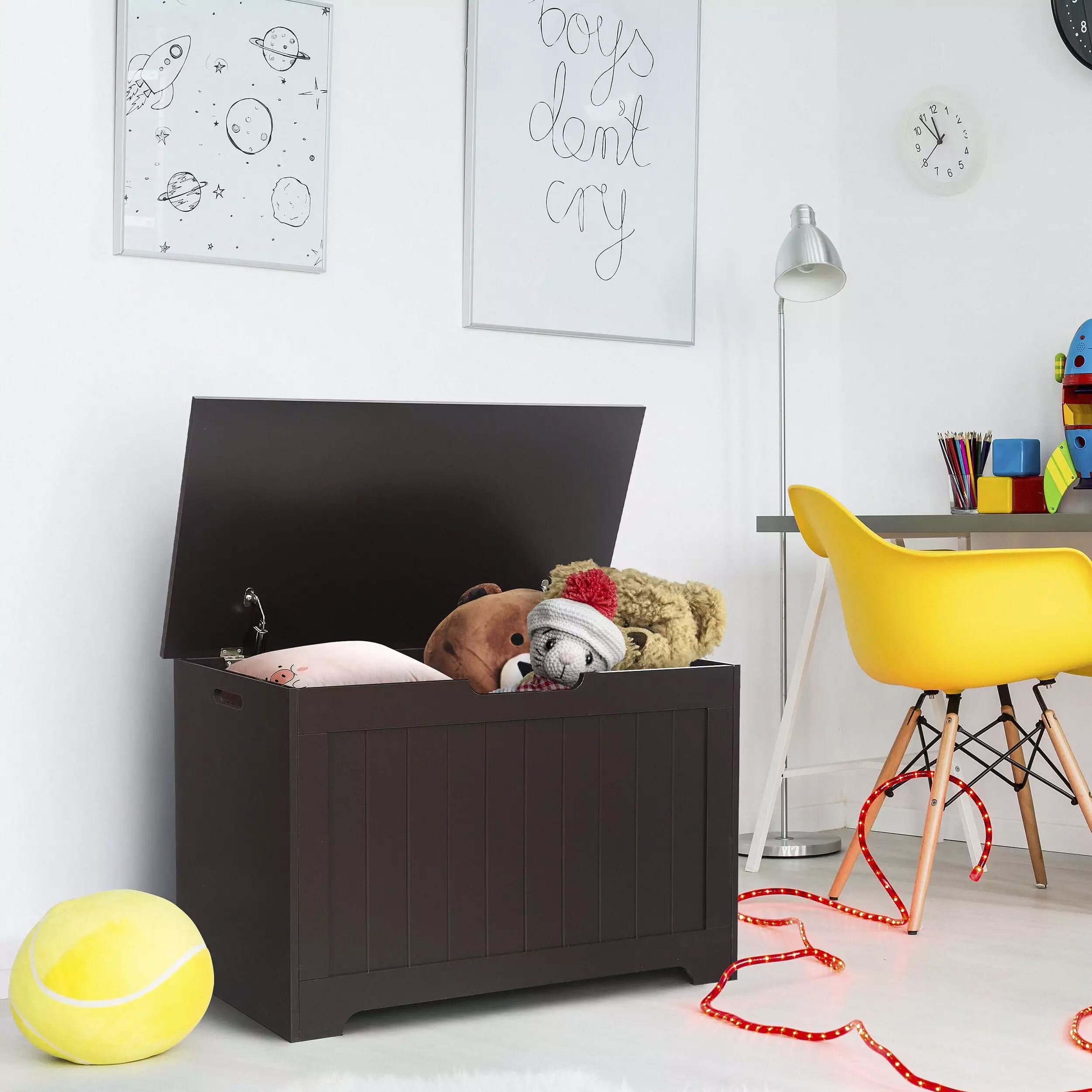 HomGarden 30 Inch Wooden Toy Chest Safety Hinged Lid 150L Large Child Storage Box Cabinet Brown
