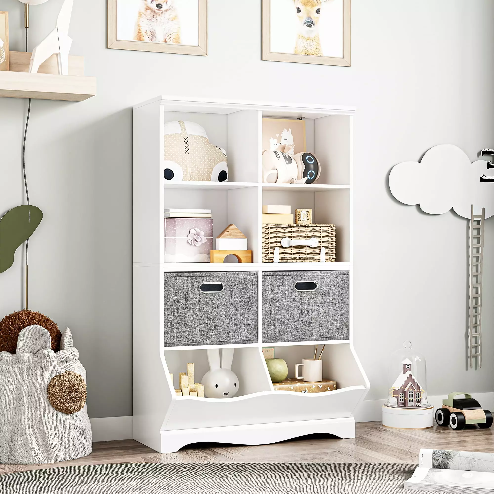 Homfa Kids Cubby Toy Storage Cabinet 8 Cube Bookcase 2 Cloth Drawers Living Room White