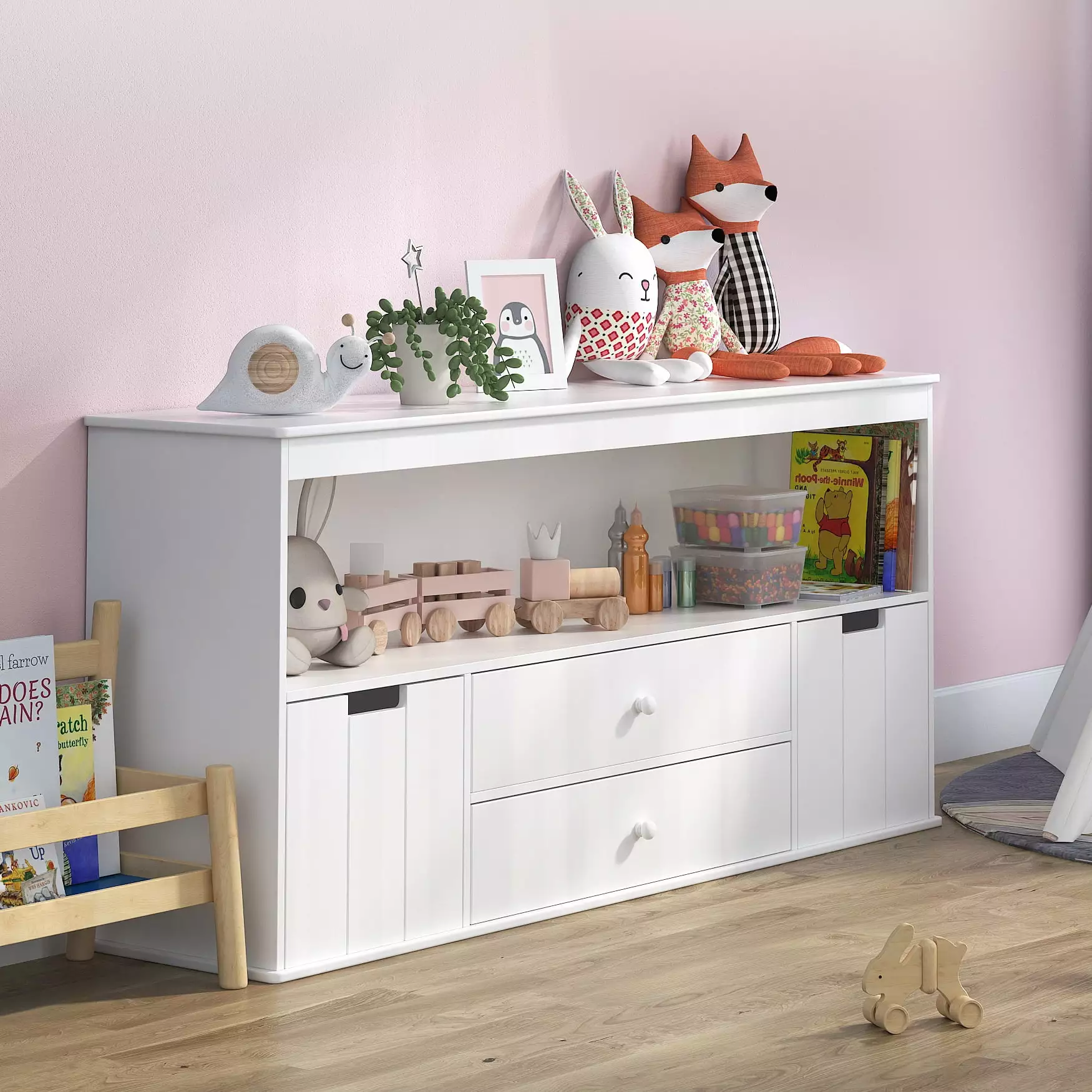 Bemico Kids Toy Storage Cabinet 4 Drawers, Toddler Chest Cabinet Playroom Bedroom White Elephance