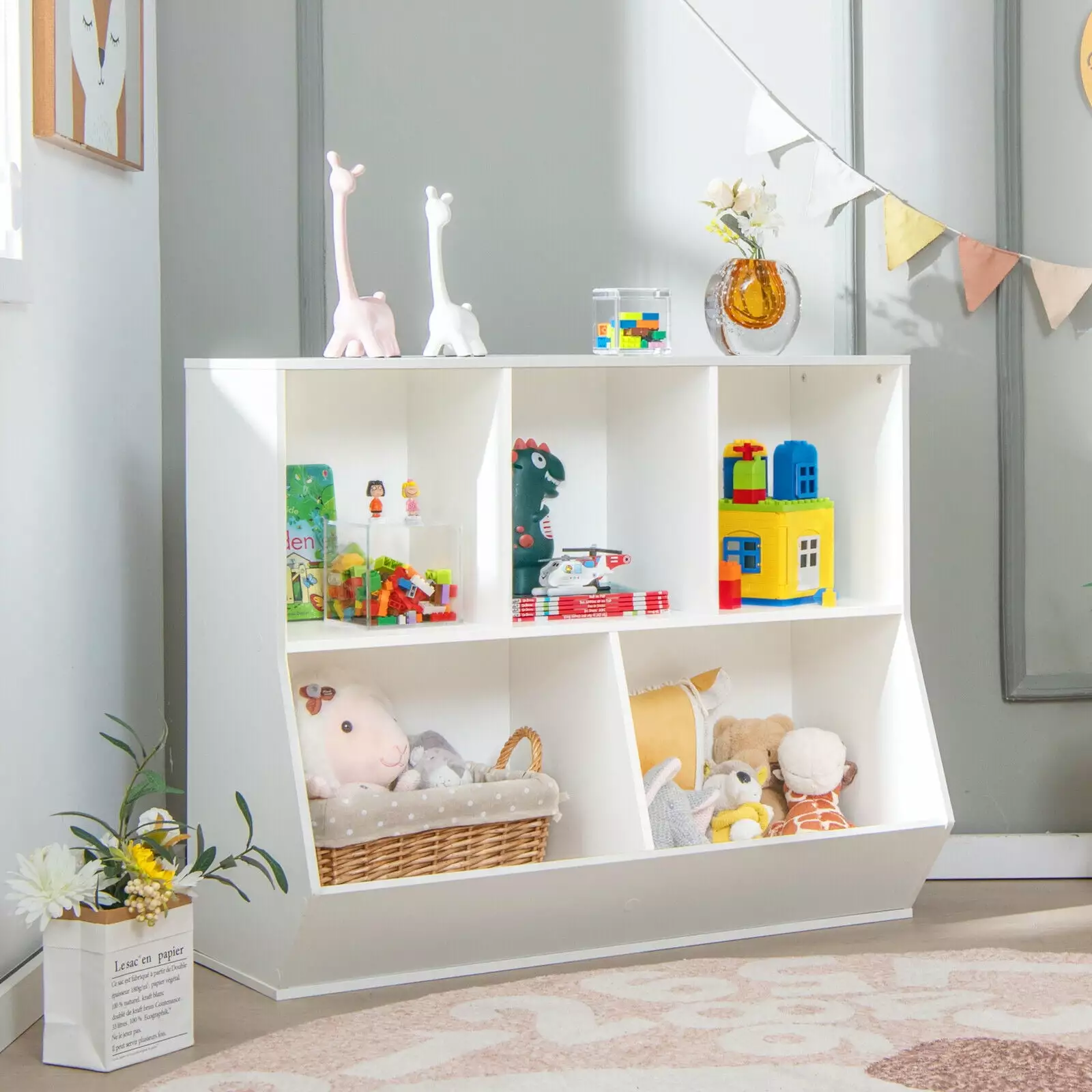 Vicamelia Kids Toy Storage Arranger 5-Cubby Wooden Bookshelf Open Multi-Bins Display Cabinet White