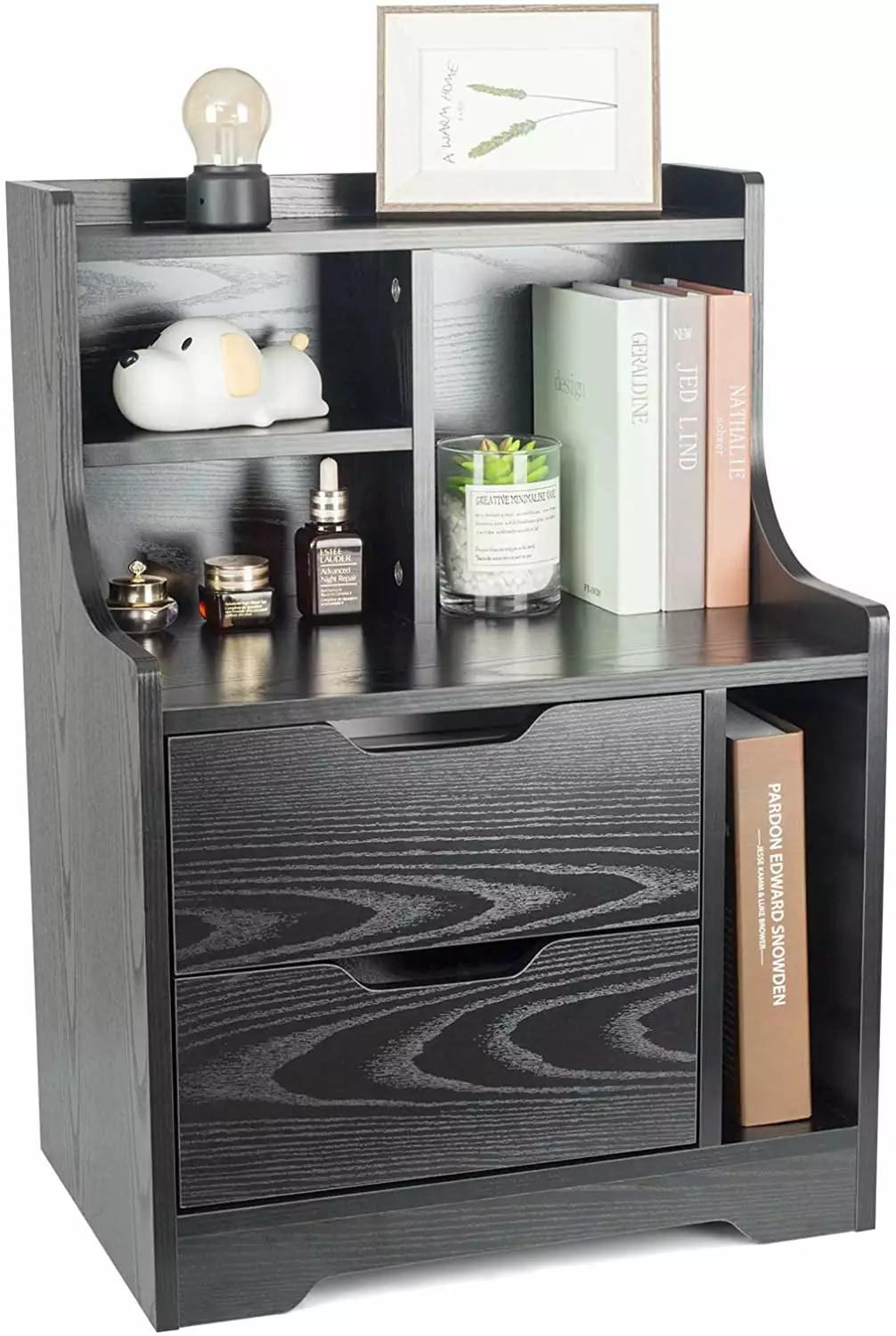 PULUOMSI Wooden Bedside Table Storage Shelf 2 Drawers Nightstand Side Table Cabinet Black Finish PULUOMIS