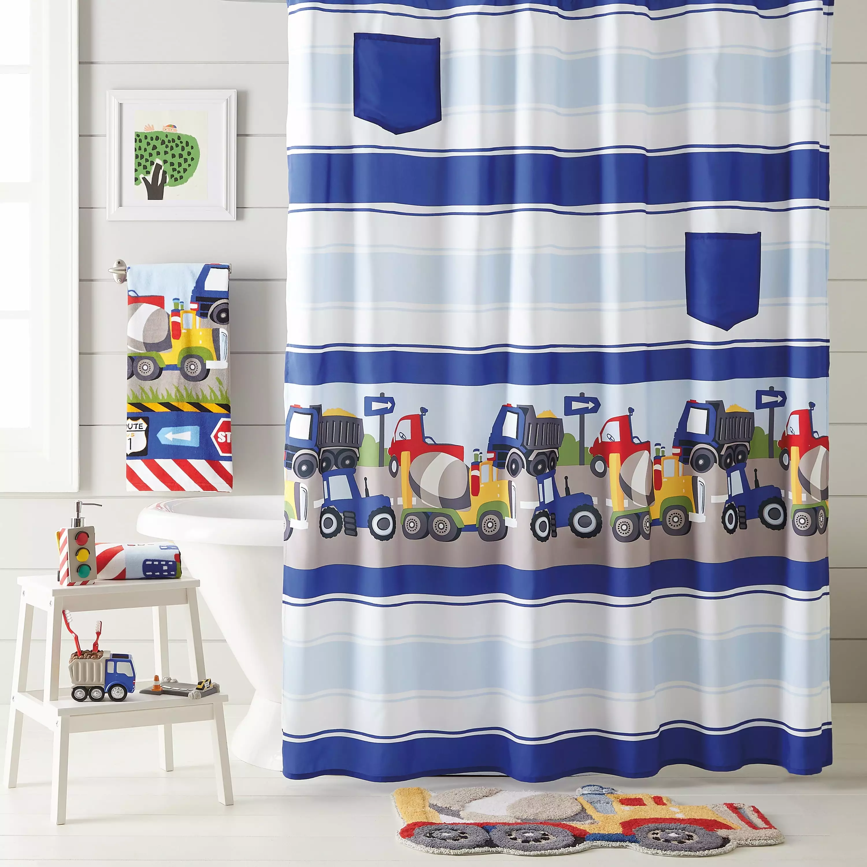 Trains and Trucks Yellow Polyester Shower Curtain Kids Bathroom Decor 70x72 Inches Dream Factory
