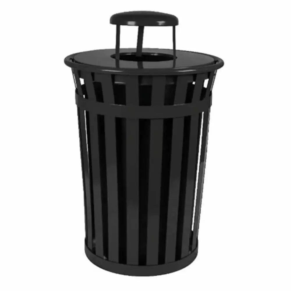 Oakley Slatted Metal Receptacle Rain Cap Black Heavy Duty Outdoor Trash Bin