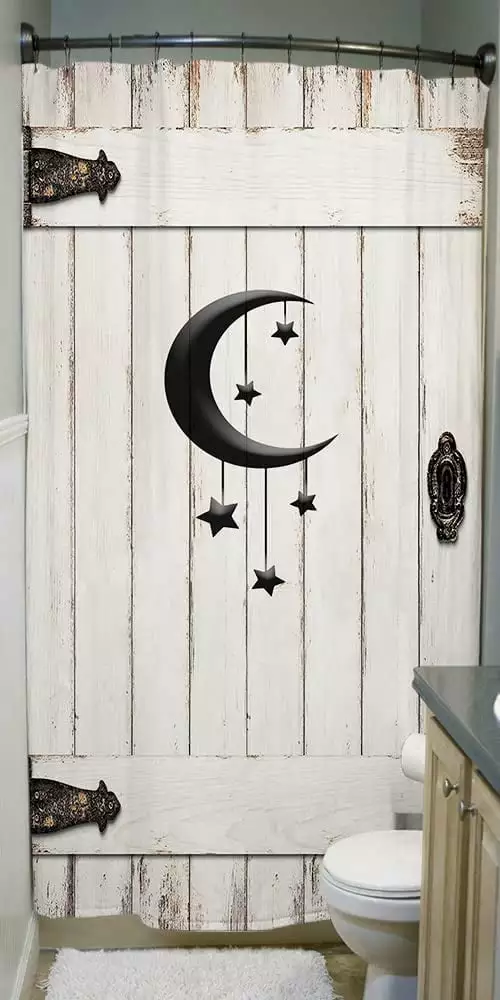 Country Barn Door Shower Curtain Rustic Wooden White Wood Islam Crescent Moon Star Design 36x72 RV Camping Bathroom Uokiuki