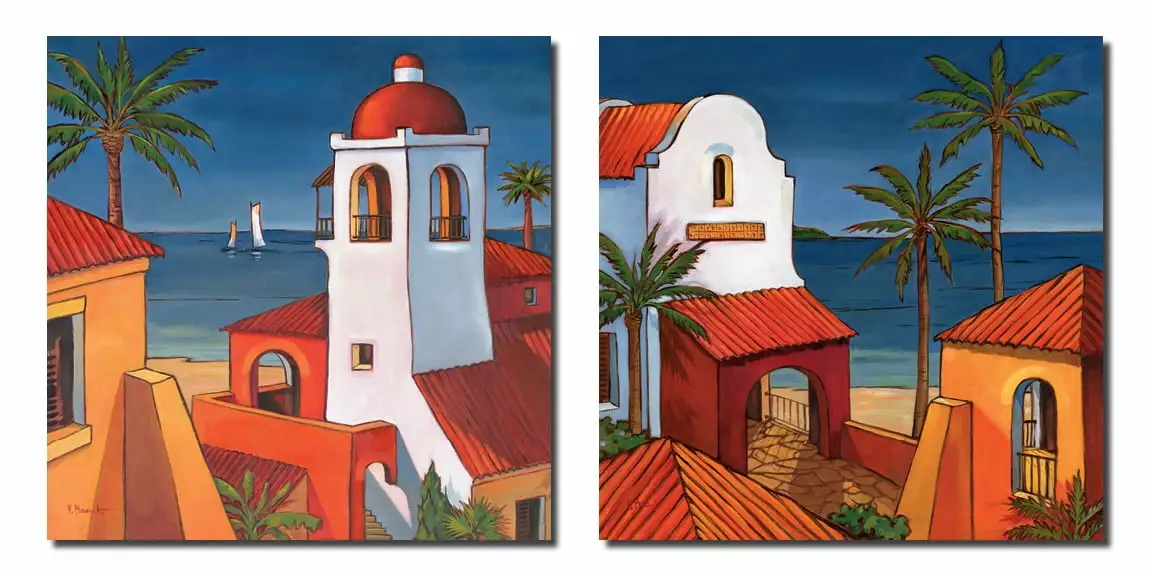 Antigua Beautiful Oceanside Village Villas Poster Set Two 12x12 Prints Blue Orange White Gango Home Decor