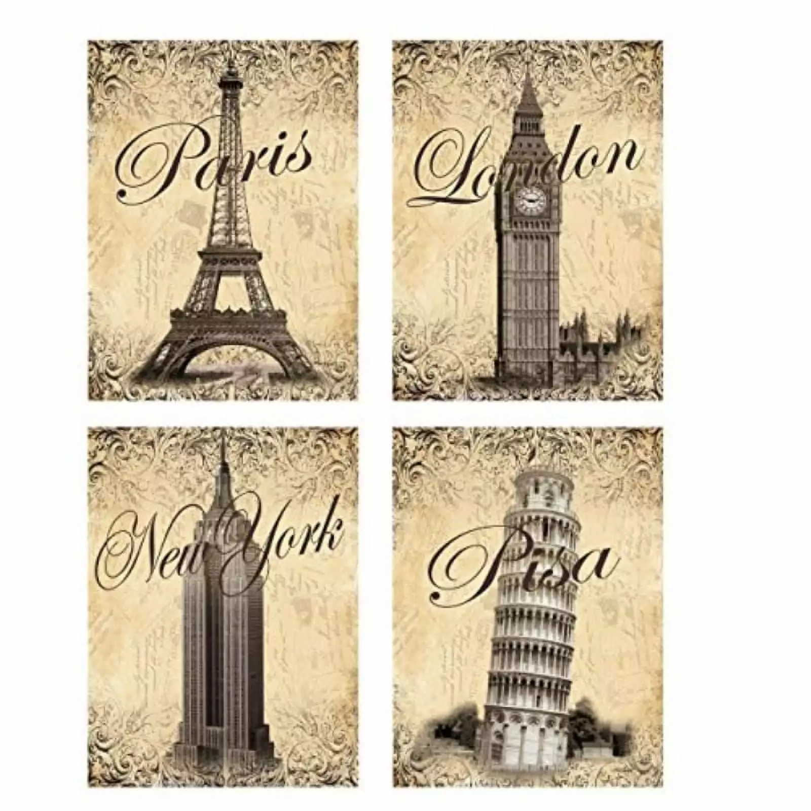 Fashionable Monument Postcard Travel Prints Paris New York London Pisa 11x14 Set Gango Home Decor