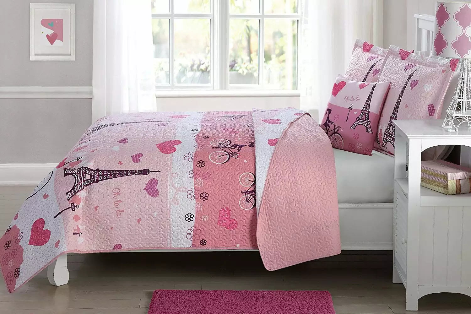 3-Piece Twin Size Kids Quilt Sham Cushion Set Love Pink Paris Eiffel Tower Design Orly's Dream